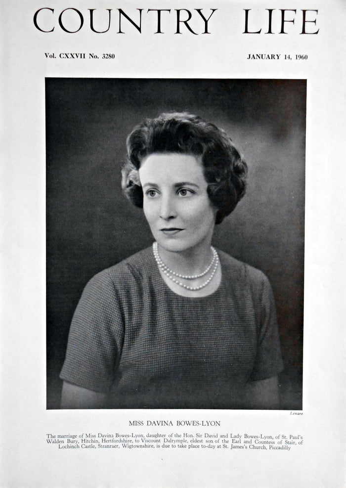 Miss Davina Bowes-Lyon Country Life Magazine Portrait January 14, 1960 Vol. CXXVII No. 3280