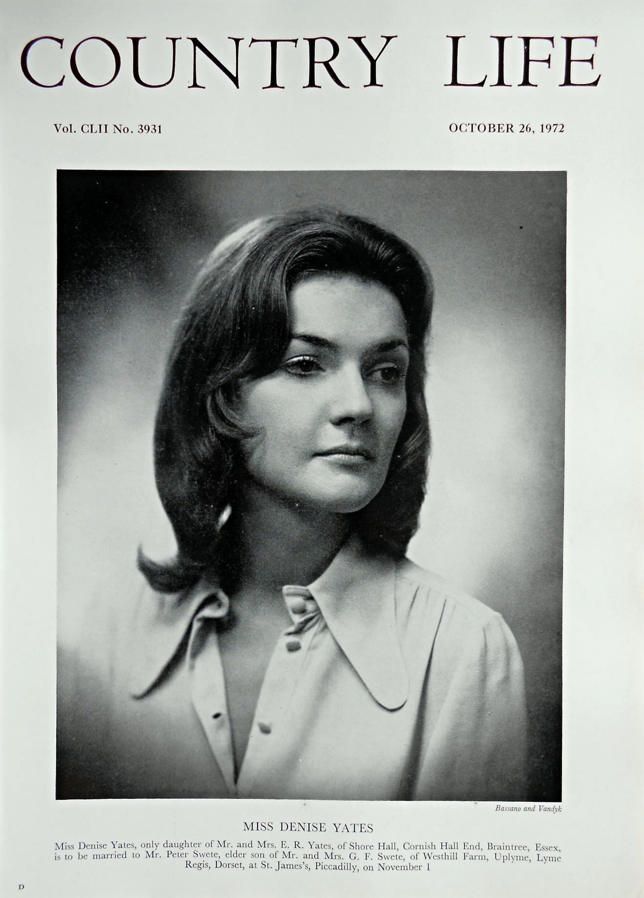 Miss Denise Yates Country Life Magazine Portrait October 26, 1972 Vol. CLII No. 3931
