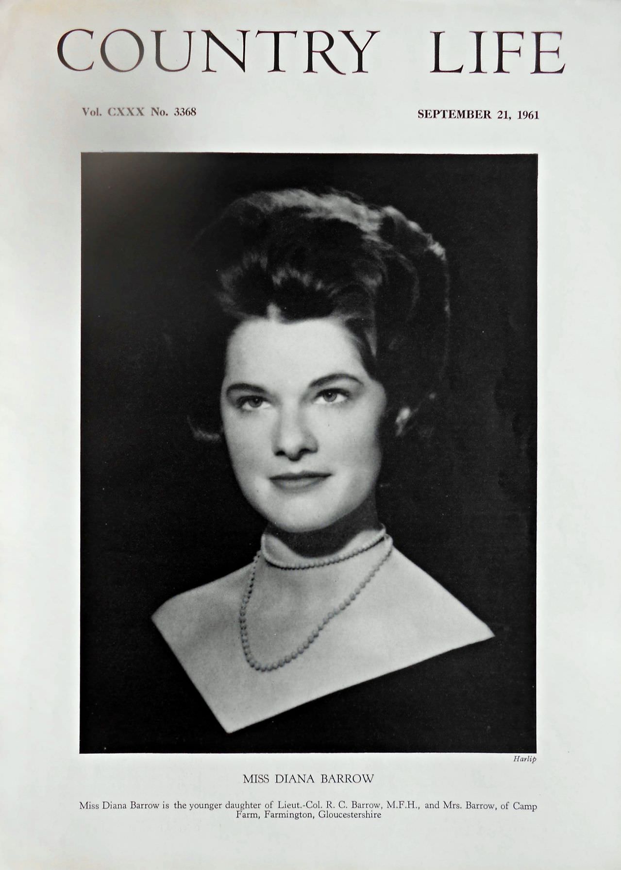 Miss Diana Barrow Country Life Magazine Portrait September 21, 1961 Vol. CXXX No. 3368