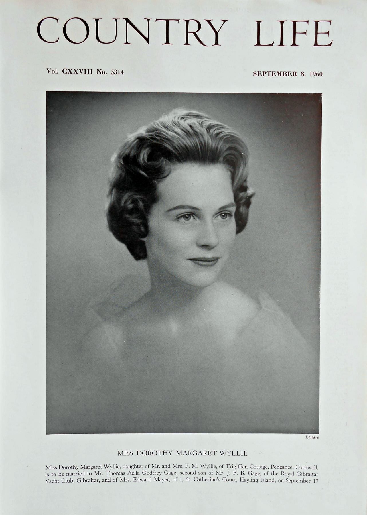Miss Dorothy Margaret Wyllie Country Life Magazine Portrait September 8, 1960 Vol. CXXVIII No. 3314