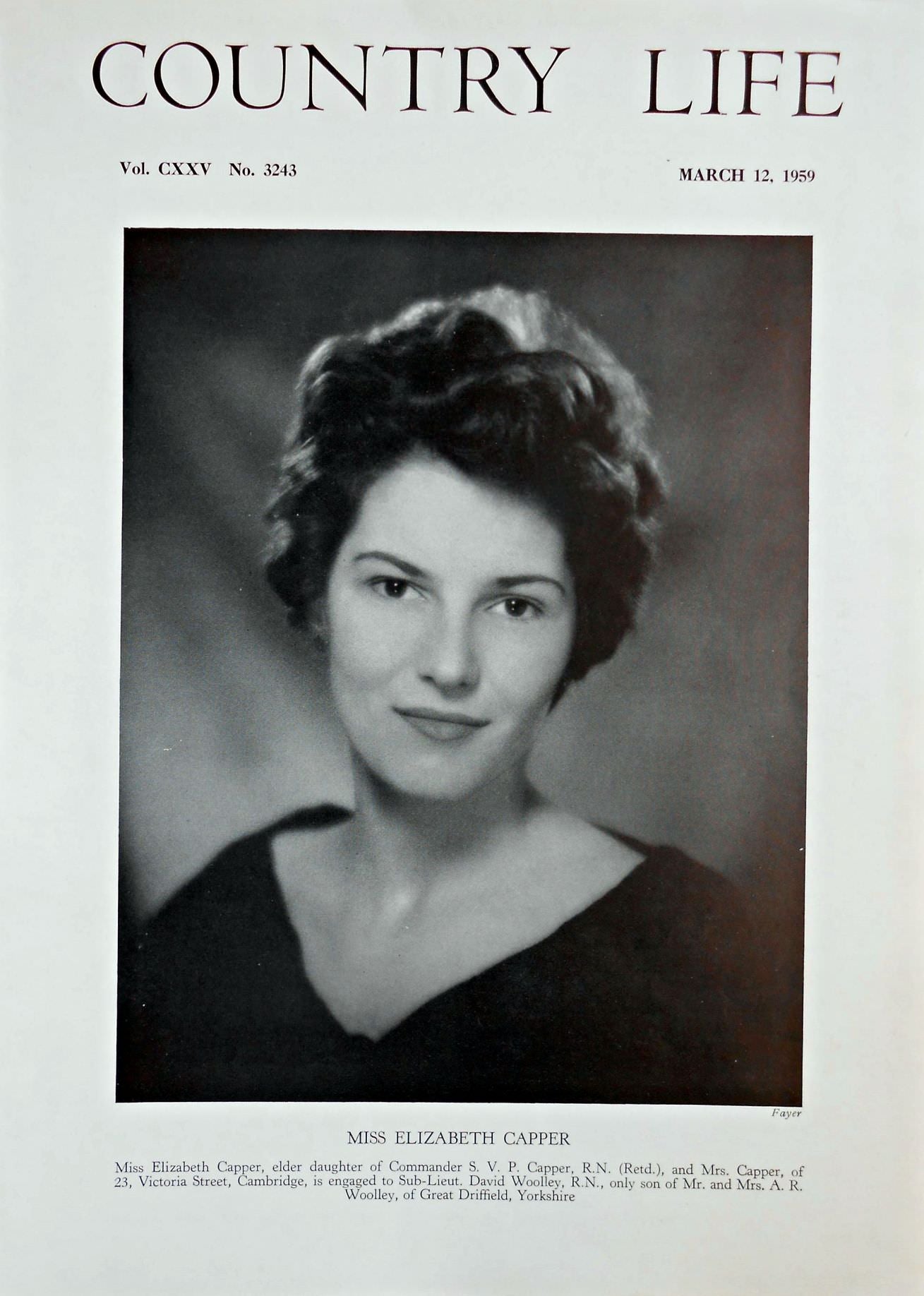 Miss Elizabeth Capper Country Life Magazine Portrait March 12, 1959 Vol. CXXV No. 3243