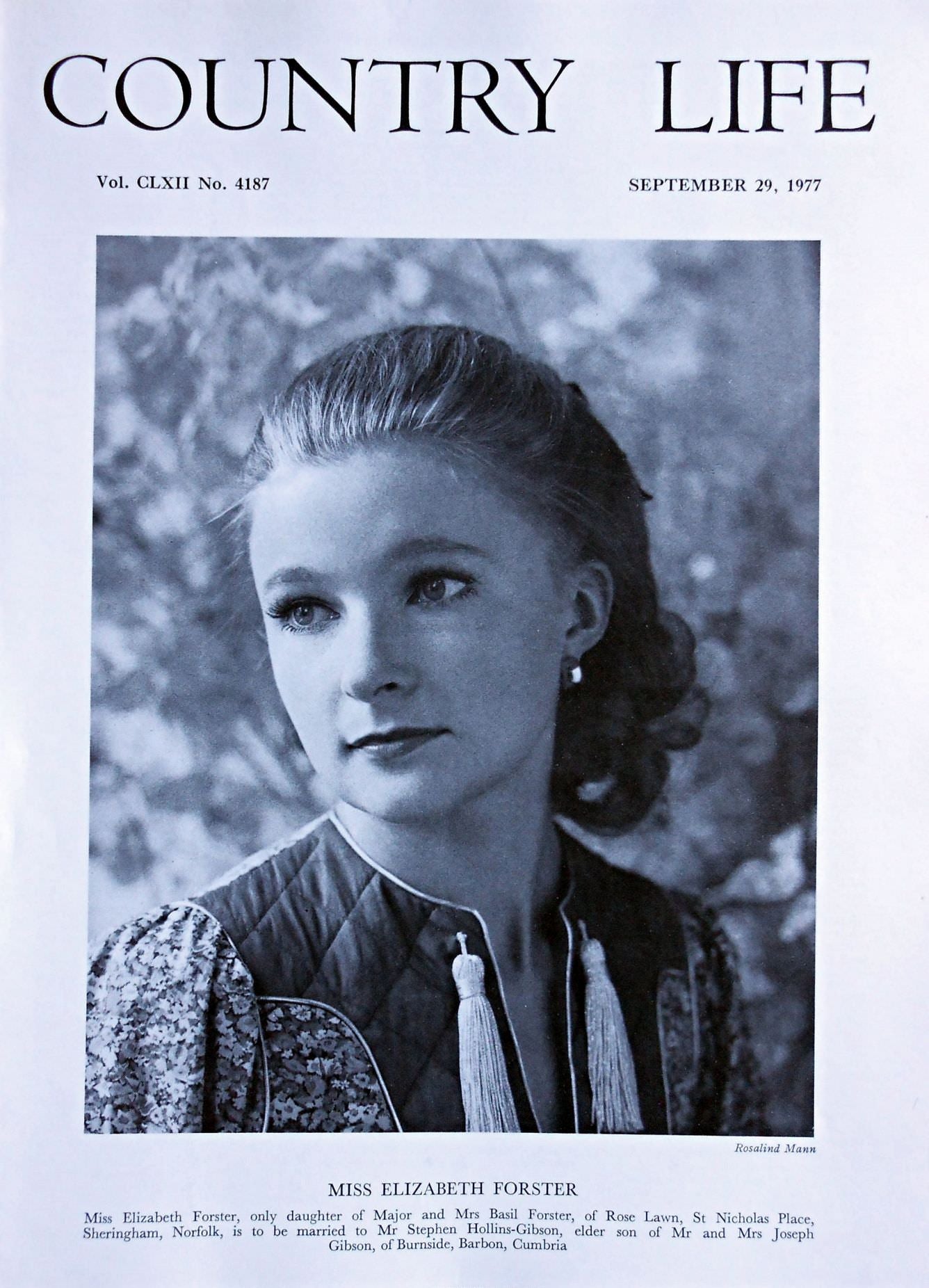 Miss Elizabeth Forster Country Life Magazine Portrait September 29, 1977 Vol. CLXII No. 4187