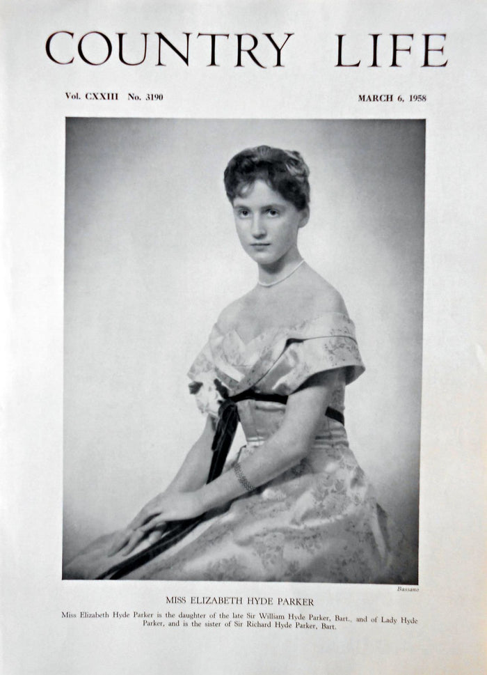 Miss Elizabeth Hyde Parker Country Life Magazine Portrait March 6, 1958 Vol. CXXIII No. 3190
