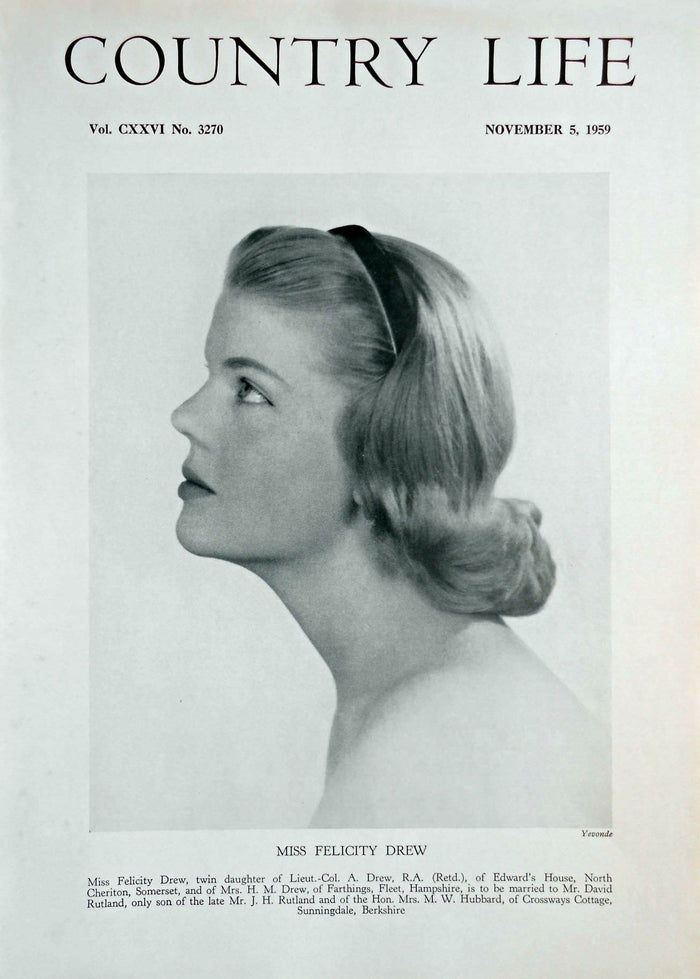 Miss Felicity Drew Country Life Magazine Portrait November 5, 1959 Vol. CXXVI No. 3270