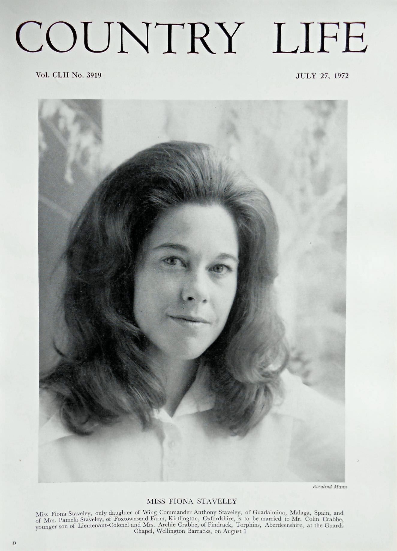 Miss Fiona Staveley Country Life Magazine Portrait July 27, 1972 Vol. CLII No. 3919