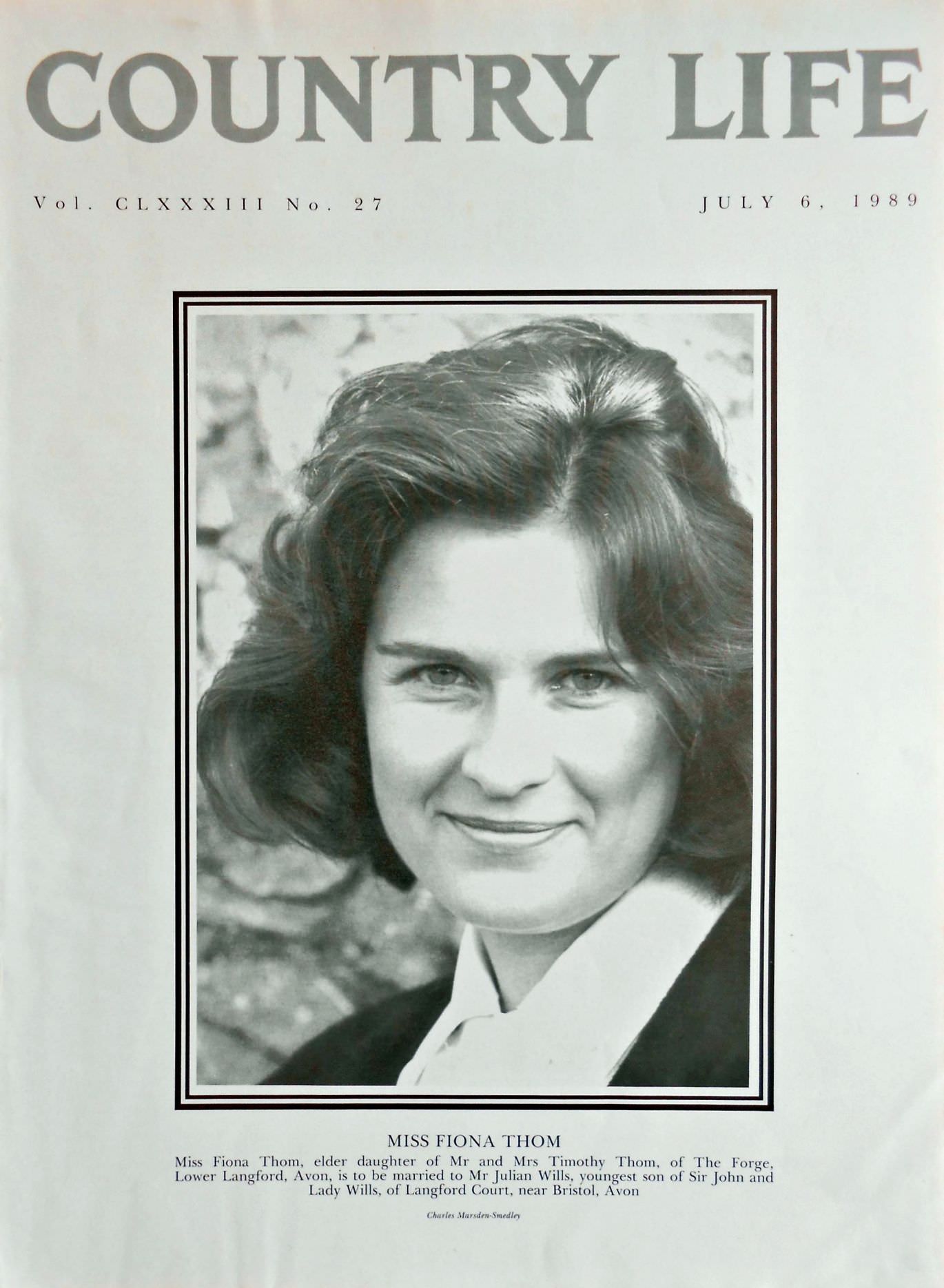 Miss Fiona Thom Country Life Magazine Portrait July 6, 1989 Vol. CLXXXIII No. 27