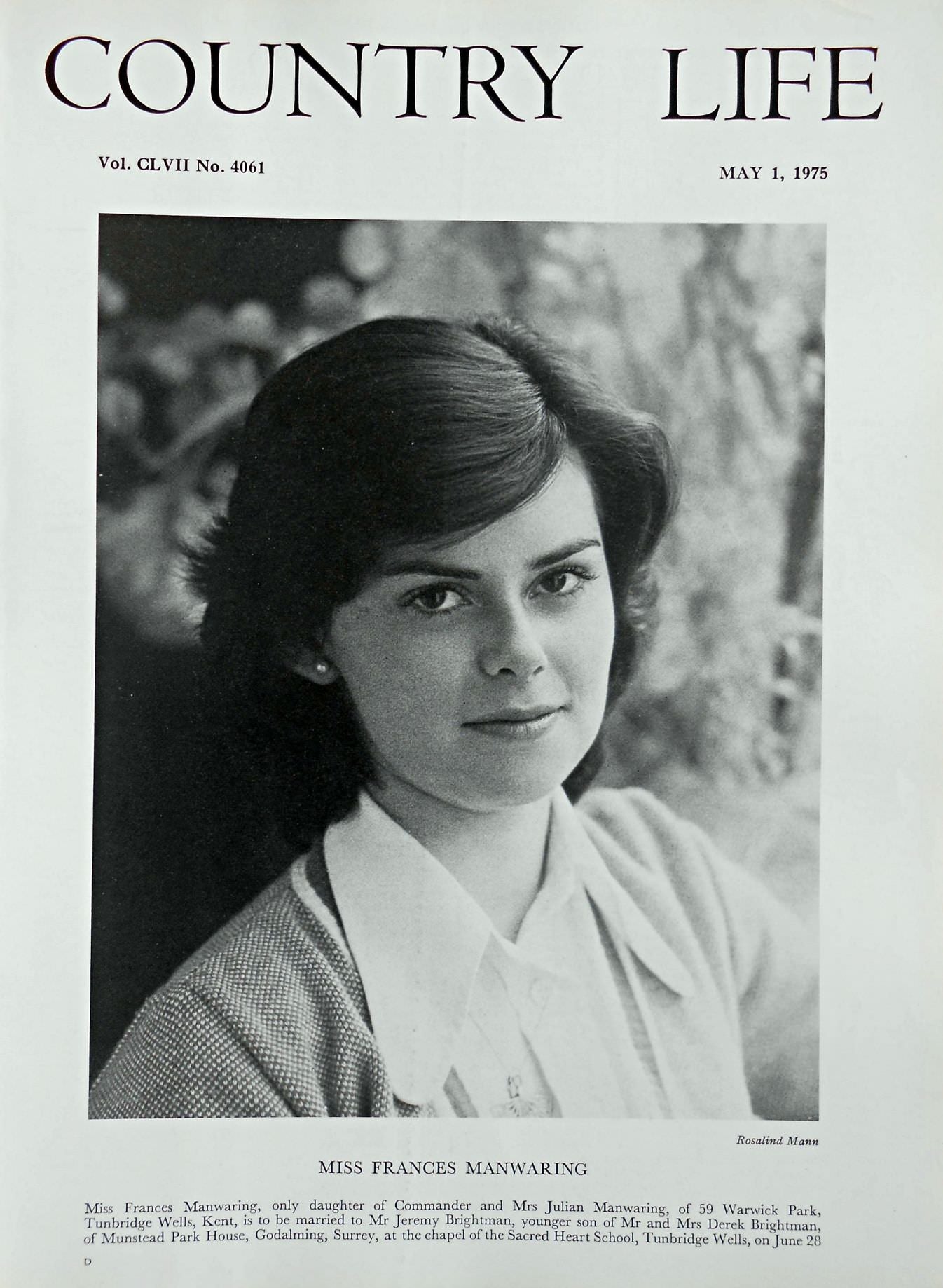 Miss Frances Manwaring Country Life Magazine Portrait May 1, 1975 Vol. CLVII No. 4061