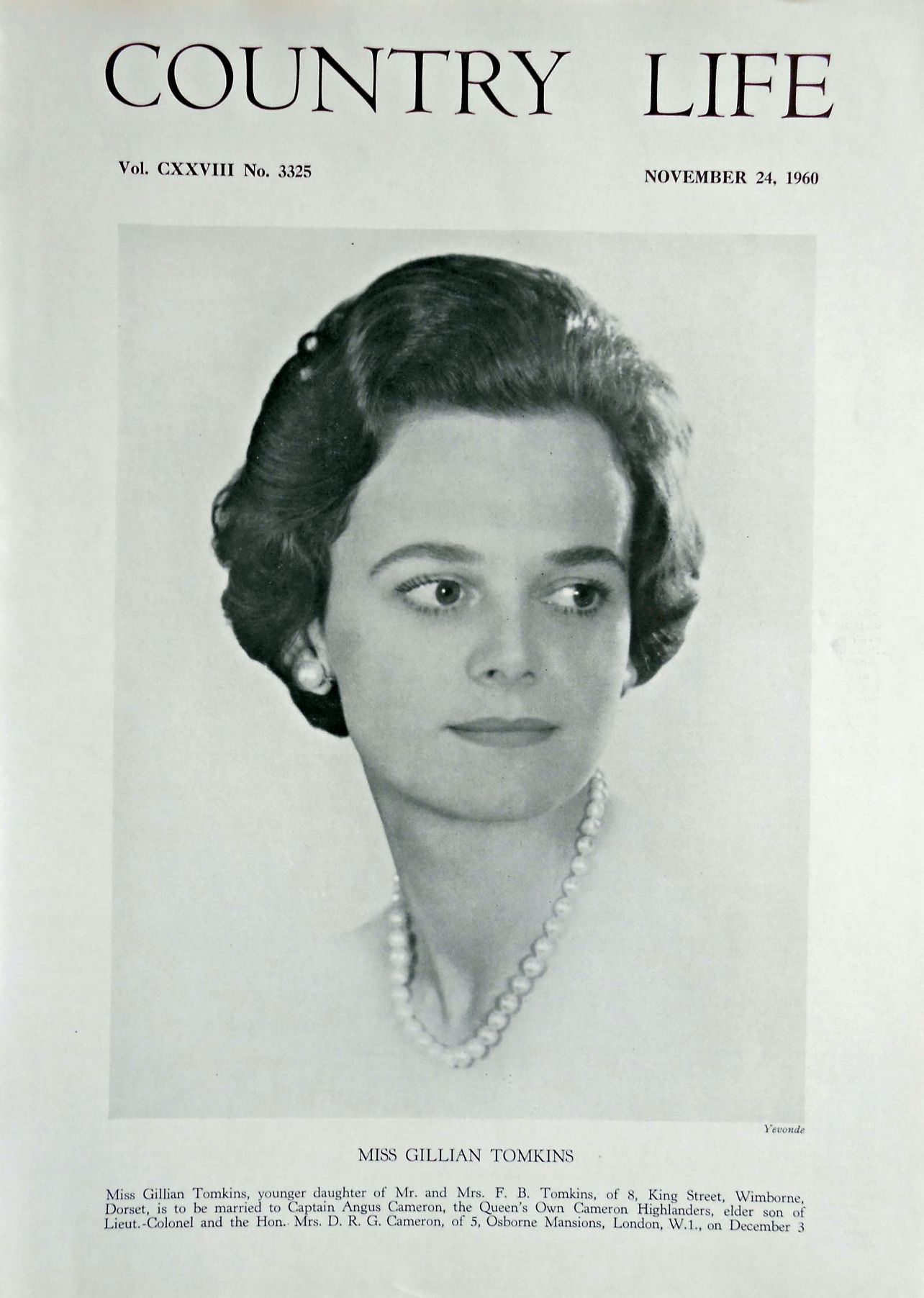 Miss Gillian Tomkins Country Life Magazine Portrait November 24, 1960 Vol. CXXVIII No. 3325