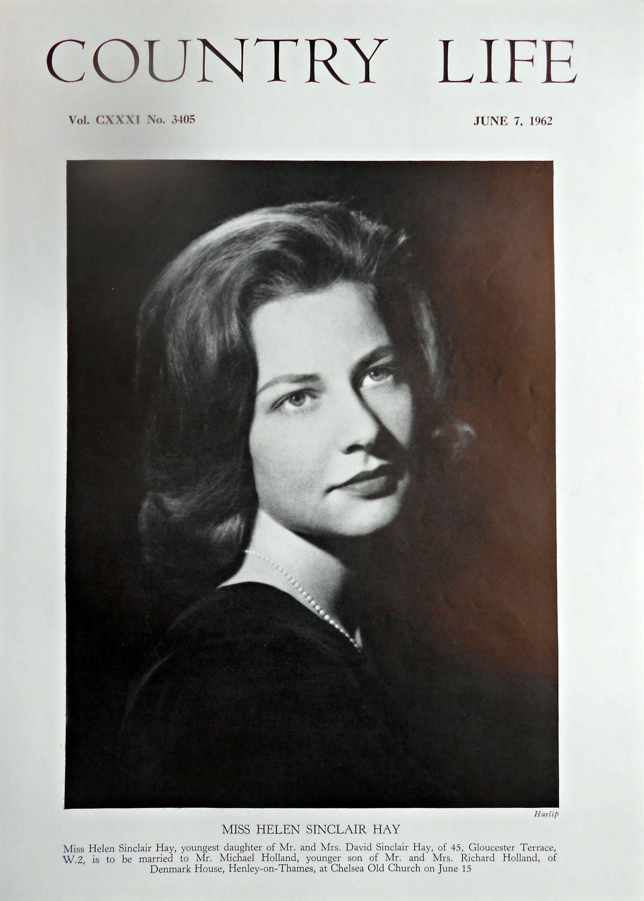 Miss Helen Sinclair Hay Country Life Magazine Portrait June 7, 1962 Vol. CXXXI No. 3405