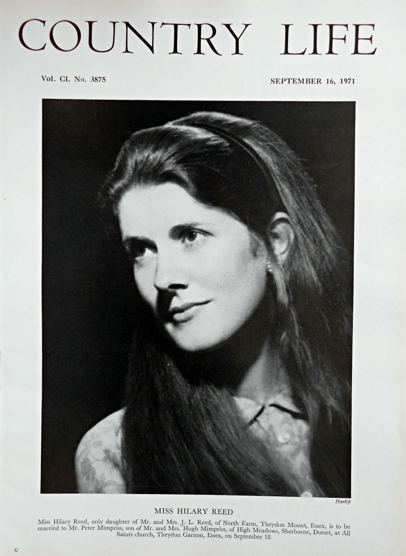 Miss Hilary Reed Country Life Magazine Portrait September 16, 1971 Vol. CL No. 3875