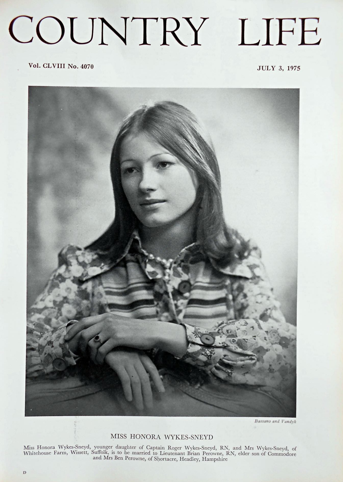 Miss Honora Wykes-Sneyd Country Life Magazine Portrait July 3, 1975 Vol. CLVIII No. 4070