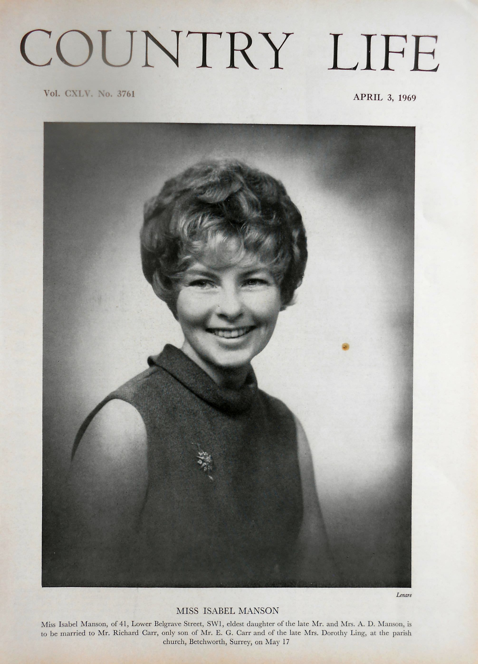 Miss Isabel Manson Country Life Magazine Portrait April 3, 1969 Vol. CXLV No. 3761