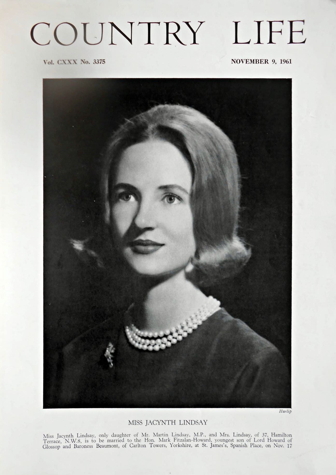 Miss Jacynth Lindsay Country Life Magazine Portrait November 9, 1961 Vol. CXXX No. 3375