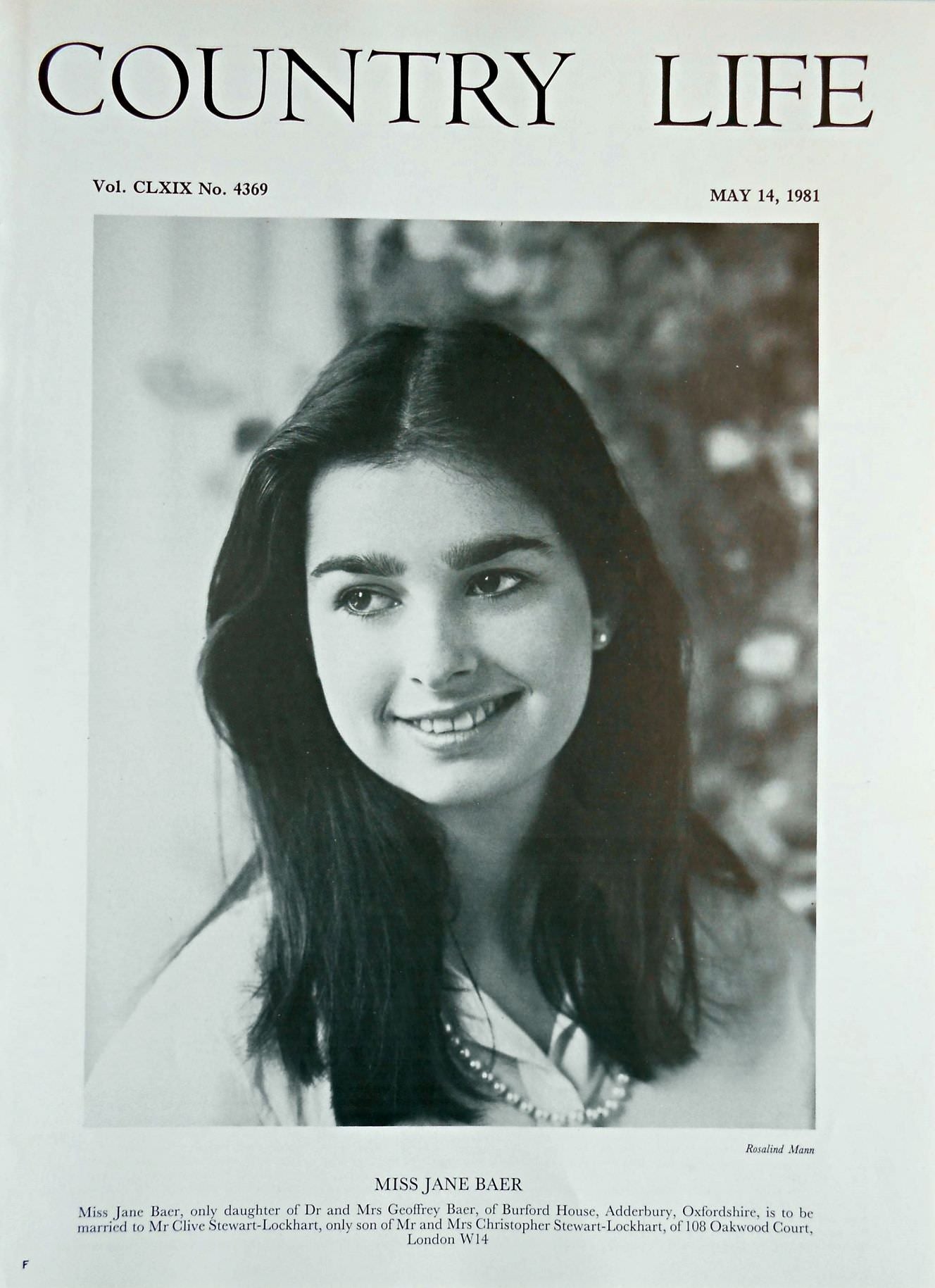 Miss Jane Baer Country Life Magazine Portrait May 14, 1981 Vol. CLXIX No. 4369