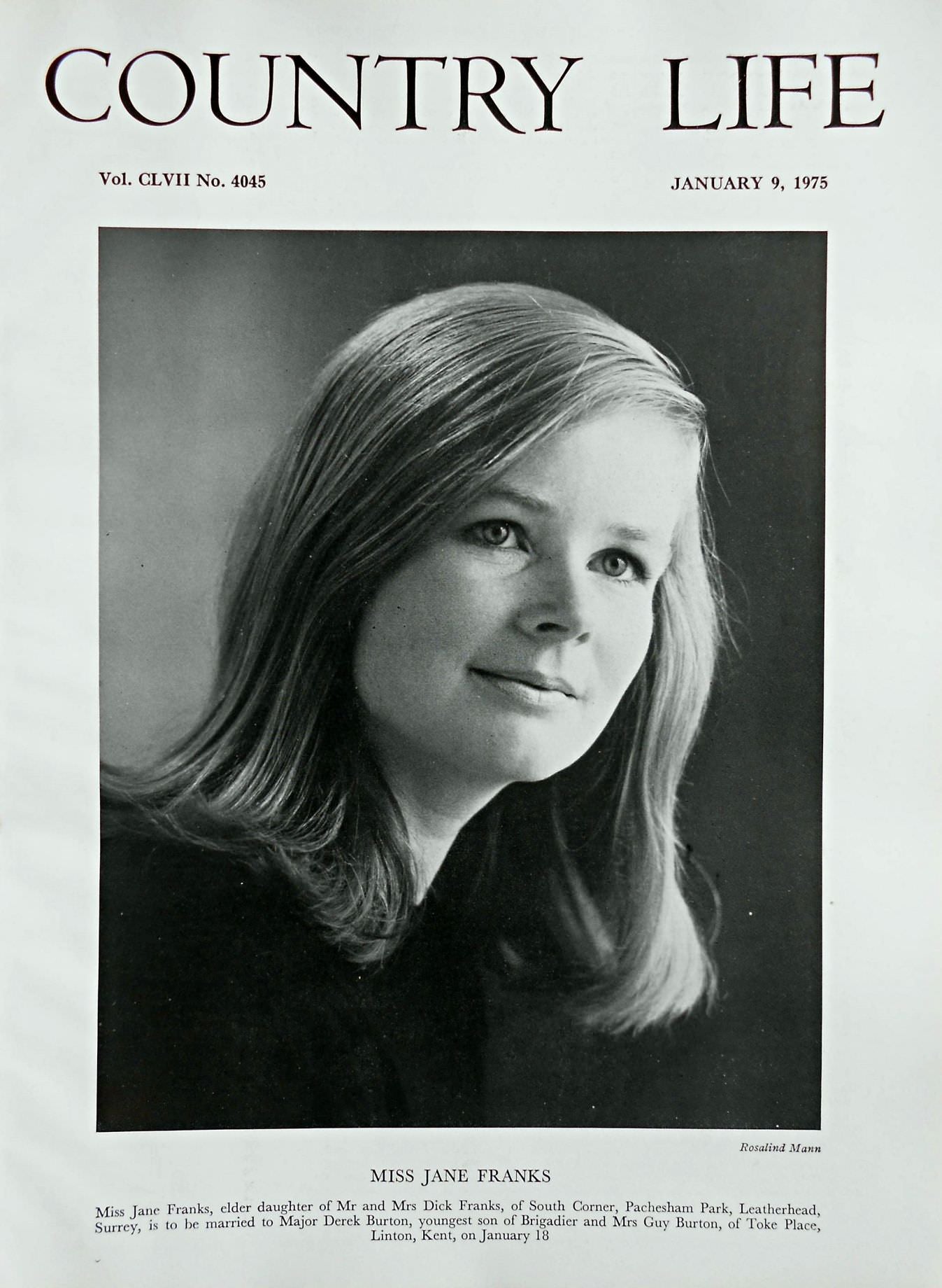 Miss Jane Franks Country Life Magazine Portrait January 9, 1975 Vol. CLVII No. 4045