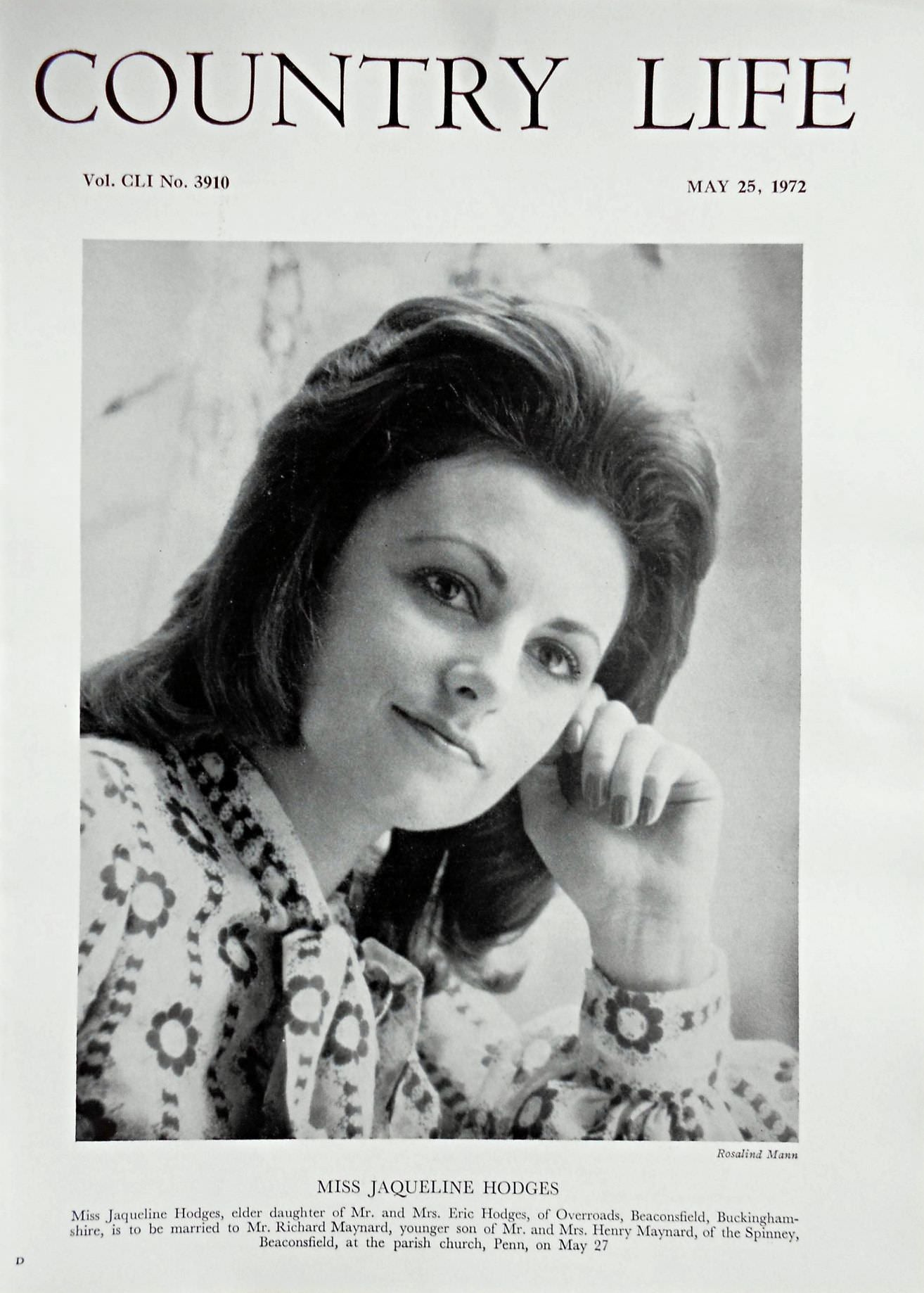 Miss Jaqueline Hodges Country Life Magazine Portrait May 25, 1972 Vol. CLI No. 3910