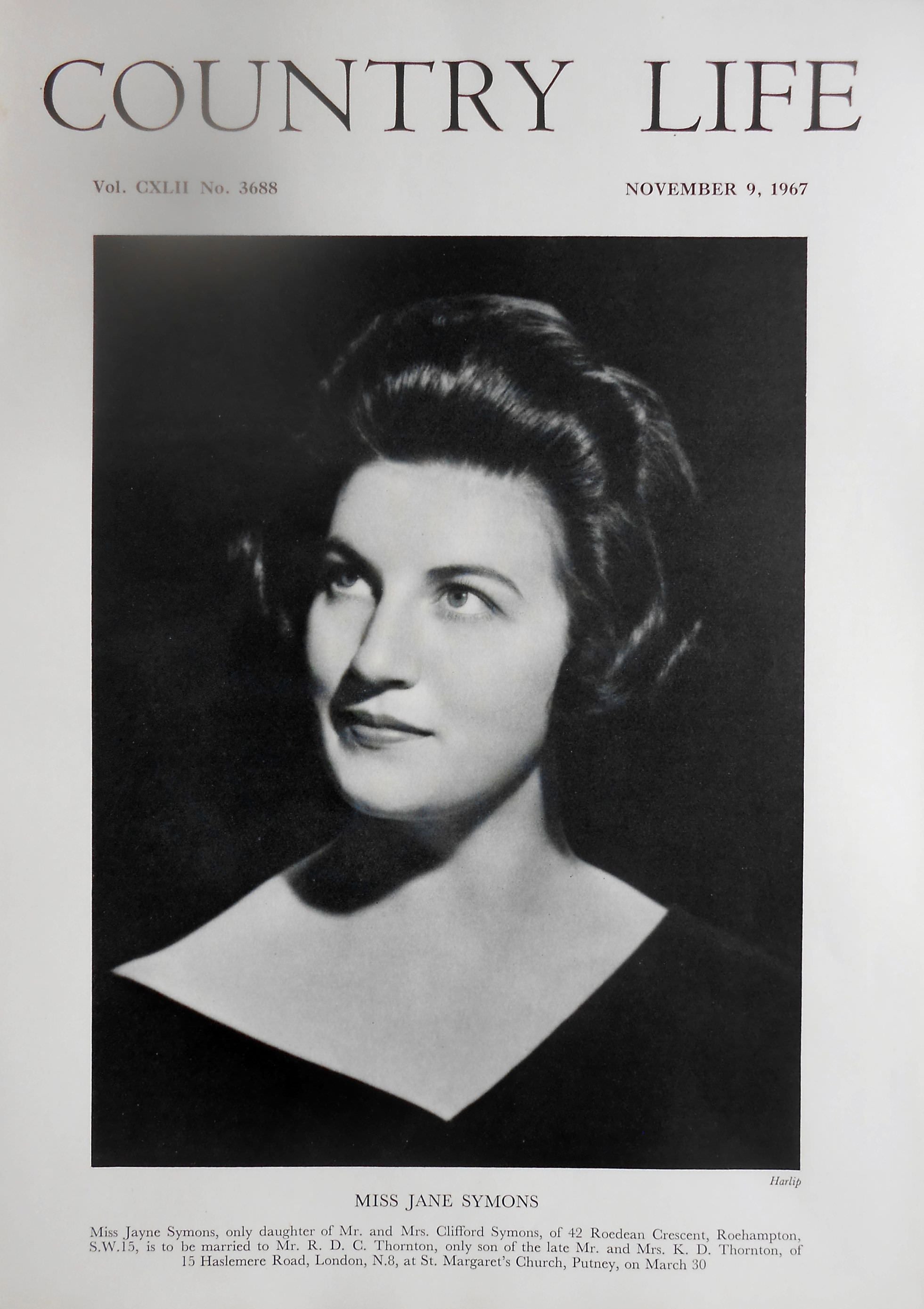 Miss Jayne Symons Country Life Magazine Portrait November 9, 1967 Vol. CXLII No. 3688