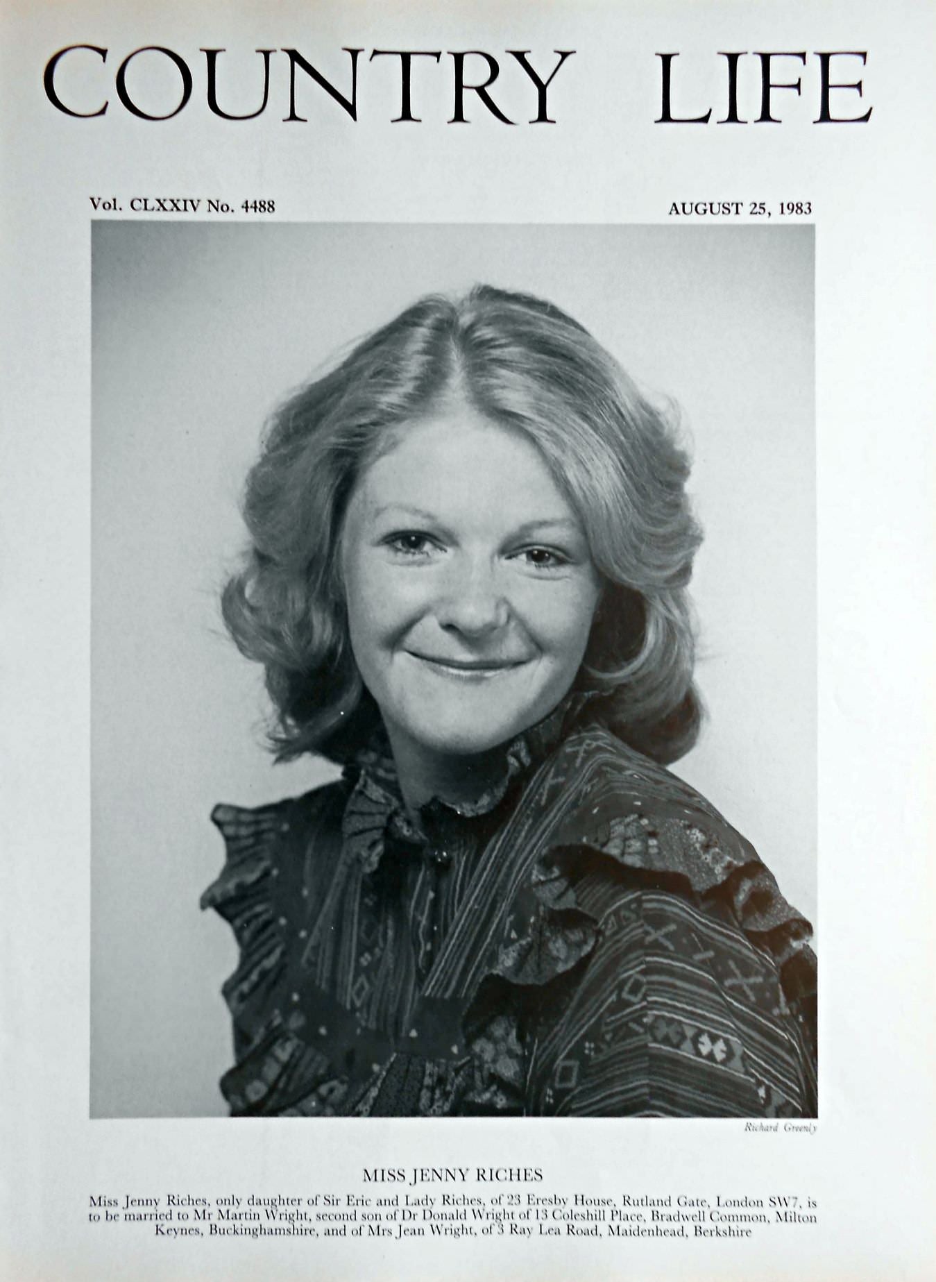Miss Jenny Riches Country Life Magazine Portrait August 25, 1983 Vol. CLXXIV No. 4488