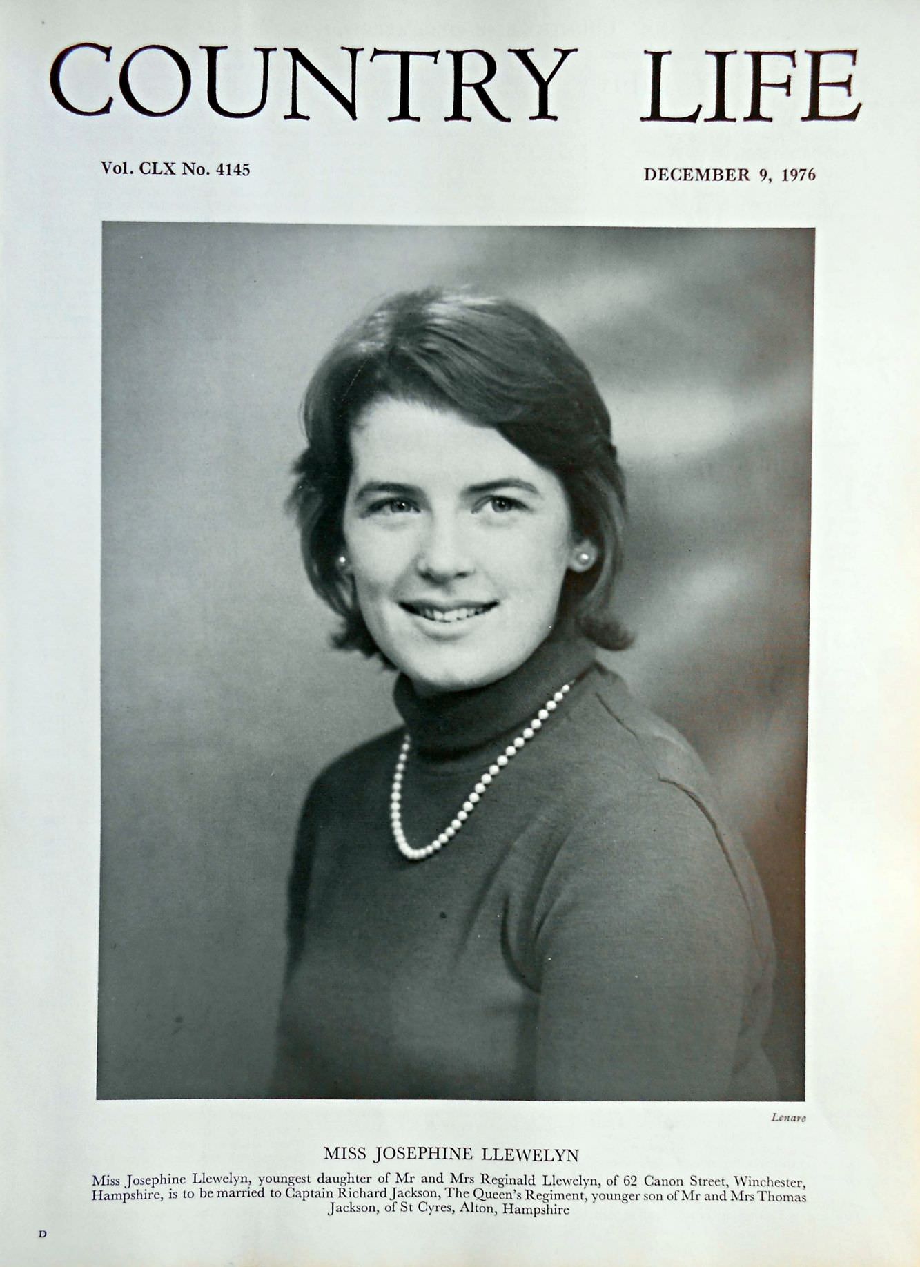 Miss Josephine Llewelyn Country Life Magazine Portrait December 9, 1976 Vol. CLX No. 4145