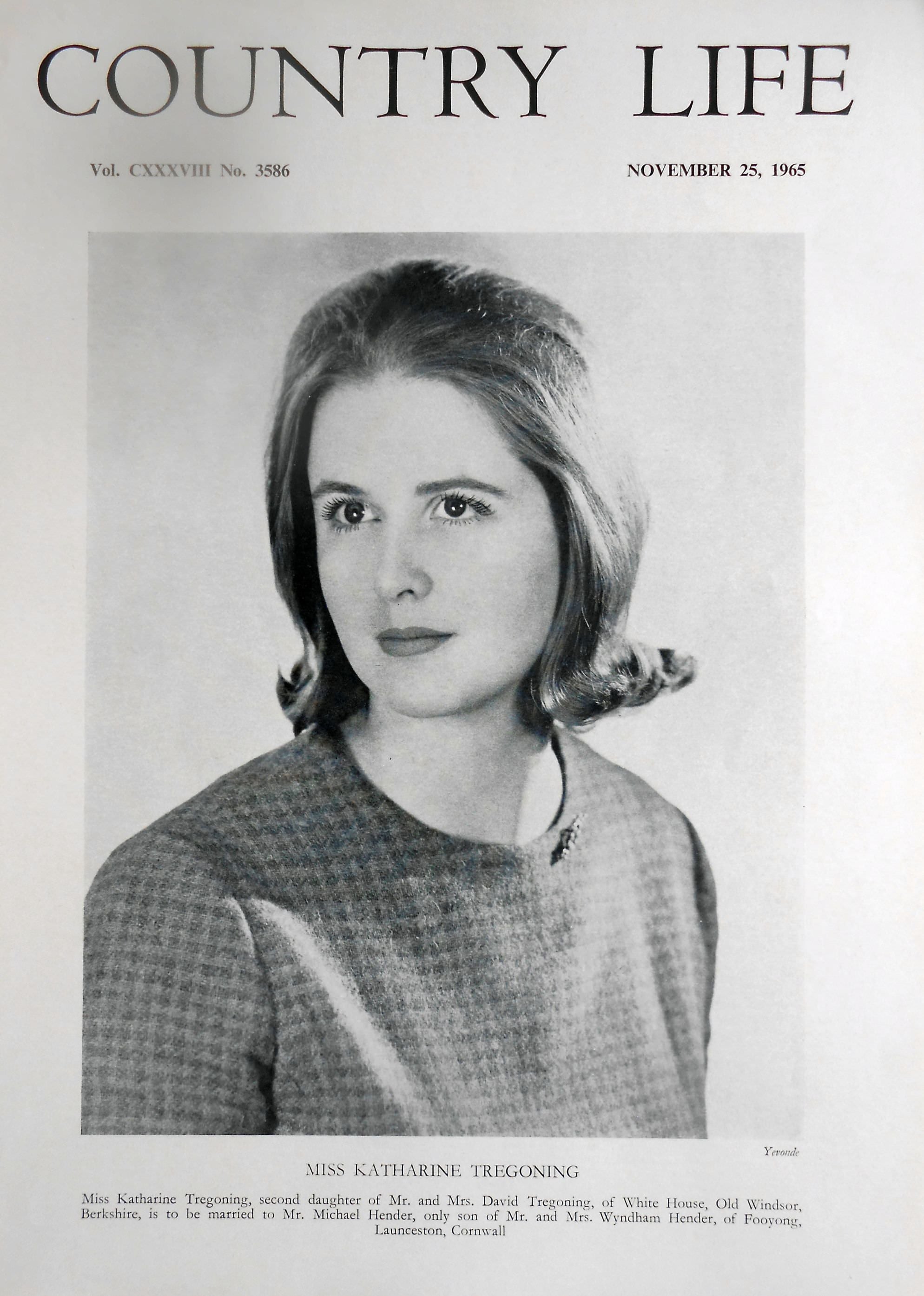 Miss Katharine Tregoning Country Life Magazine Portrait November 25, 1966 Vol. CXXXVIII No. 3586