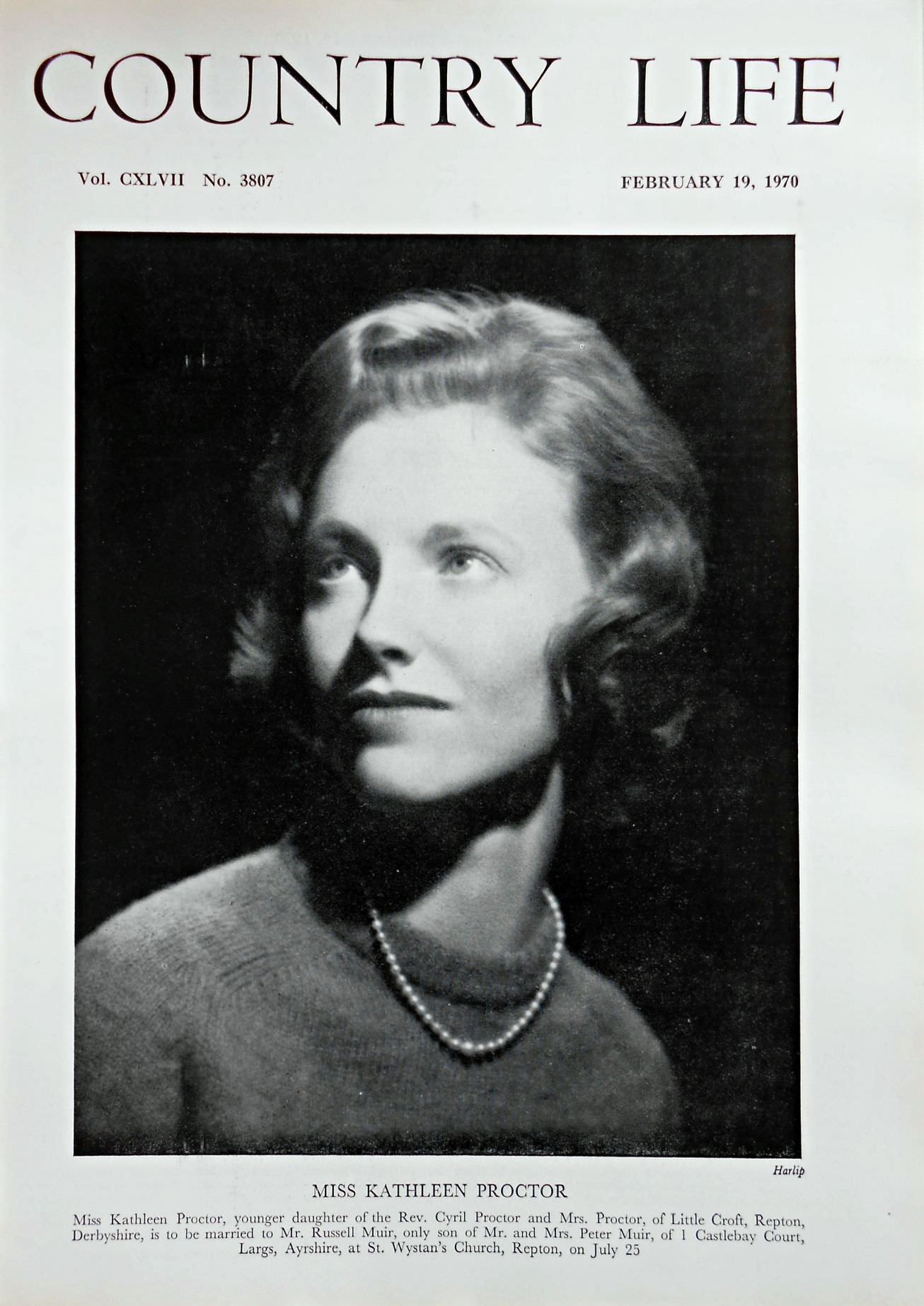 Miss Kathleen Proctor Country Life Magazine Portrait February 19, 1970 Vol. CXLVII No. 3807