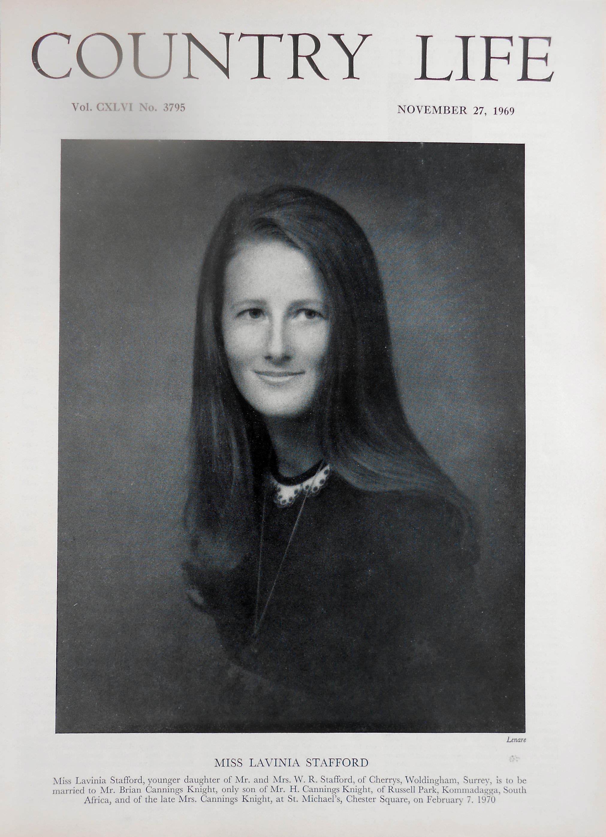 Miss Lavinia Stafford Country Life Magazine Portrait November 27, 1969 Vol. CXLVI No. 3795