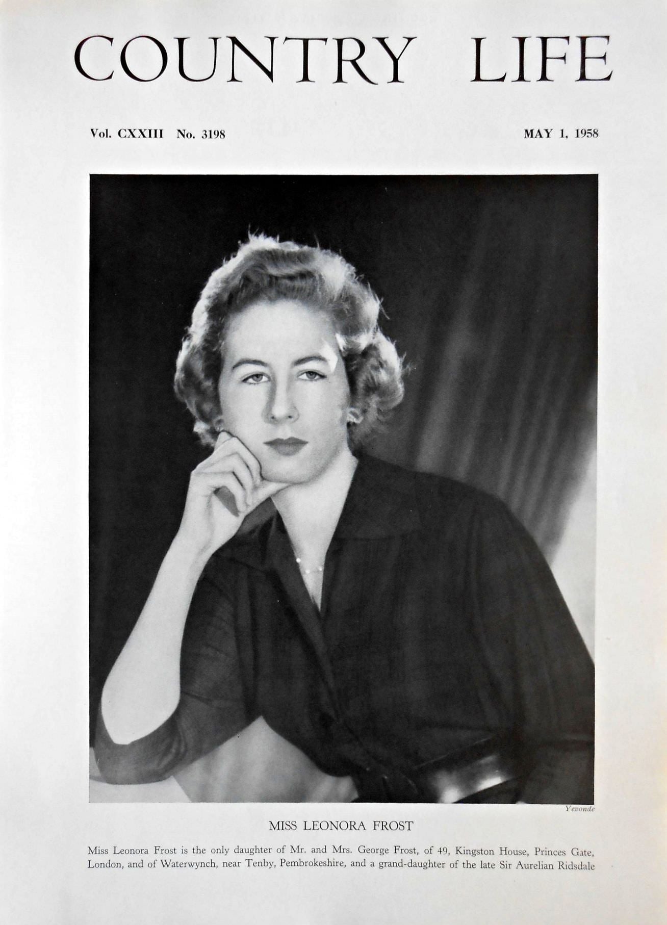 Miss Leonora Frost Country Life Magazine Portrait May 1, 1958 Vol. CXXIII No. 3198