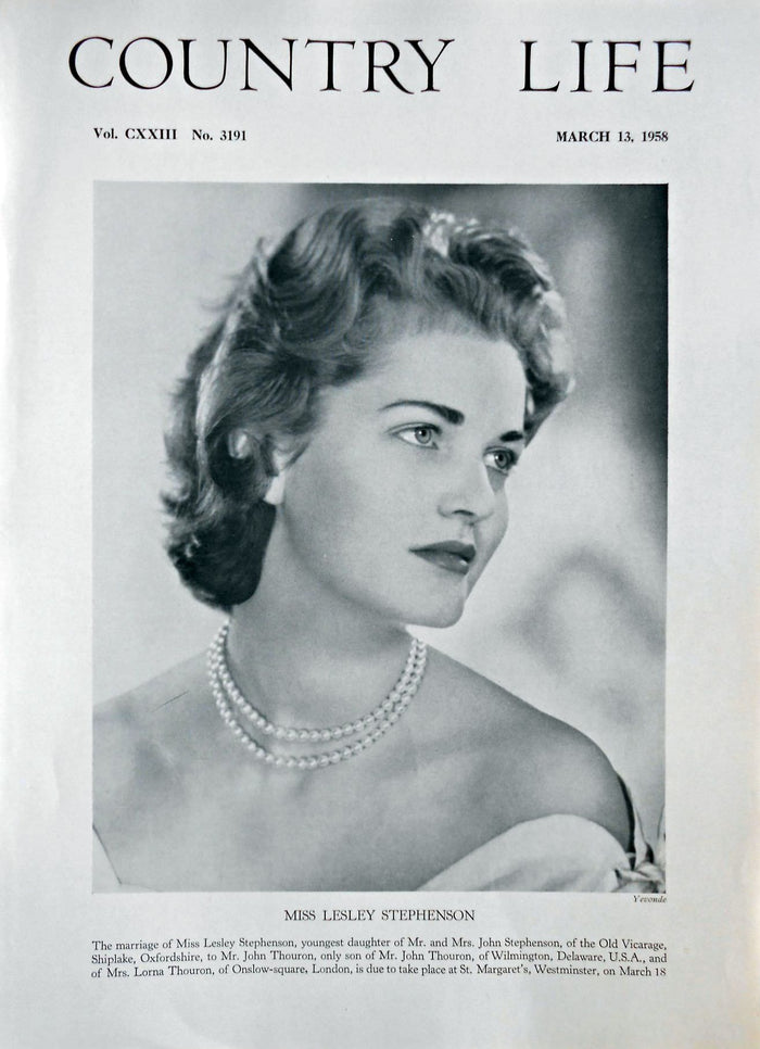 Miss Lesley Stephenson Country Life Magazine Portrait March 13, 1958 Vol. CXXIII No. 3191