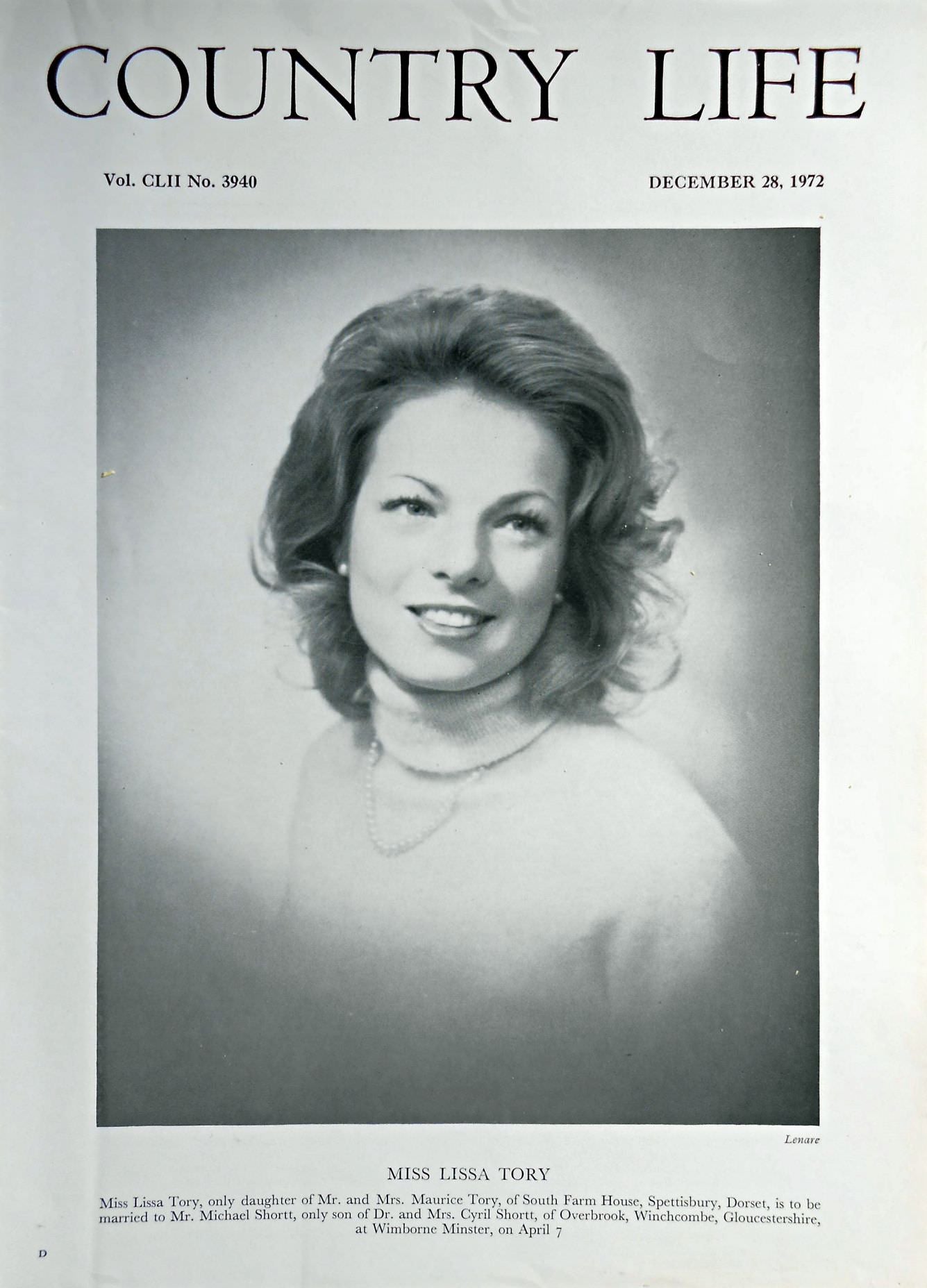 Miss Lissa Tory Country Life Magazine Portrait December 28, 1972 Vol. CLII No. 3940