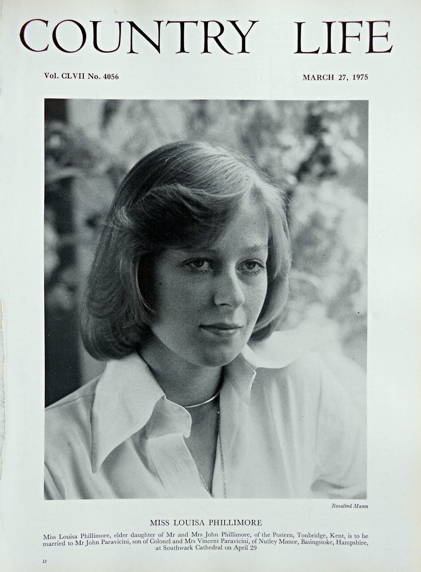 Miss Louisa Phillimore Country Life Magazine Portrait March 27, 1975 Vol. CLVII No. 4056