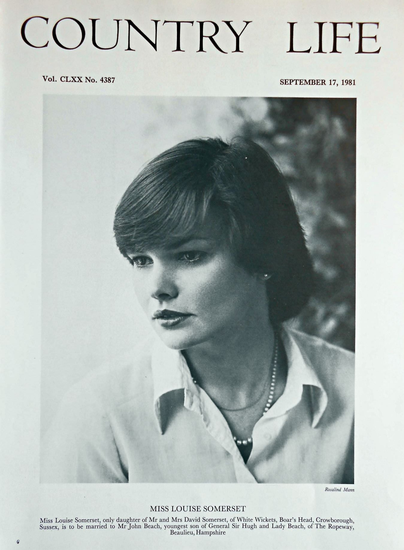 Miss Louise Somerset Country Life Magazine Portrait September 17, 1981 Vol. CLXX No. 4387