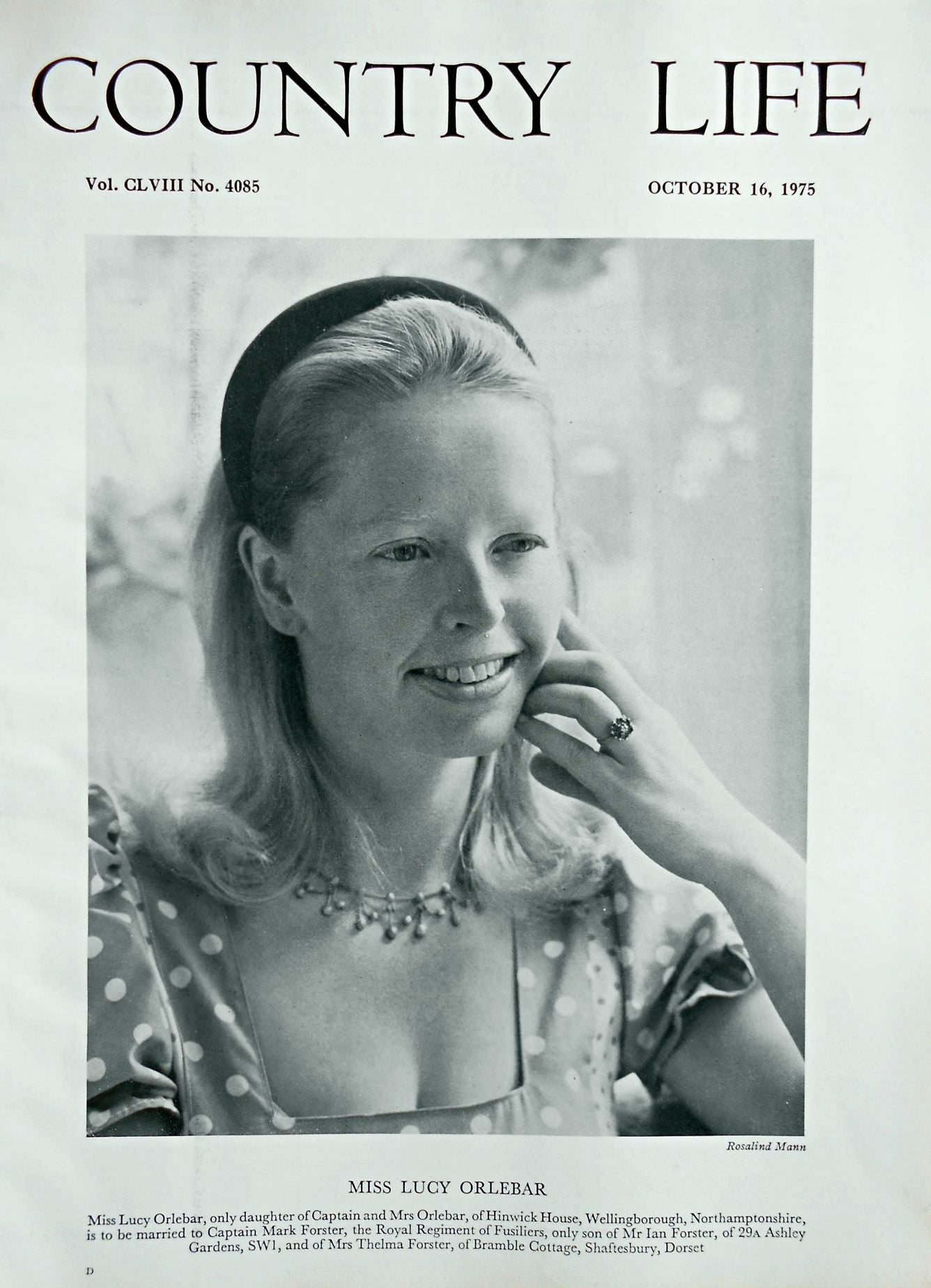 Miss Lucy Orlebar Country Life Magazine Portrait October 16, 1975 Vol. CLVIII No. 4085