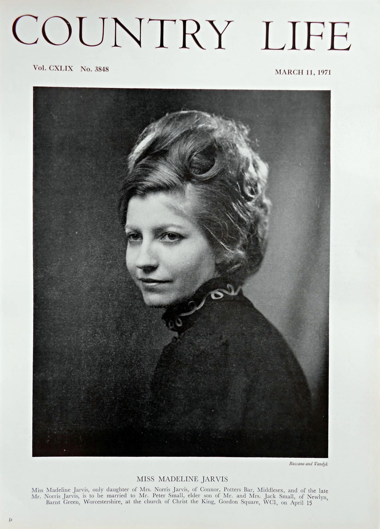 Miss Madeline Jarvis Country Life Magazine Portrait March 11, 1971 Vol. CXLIX No. 3848