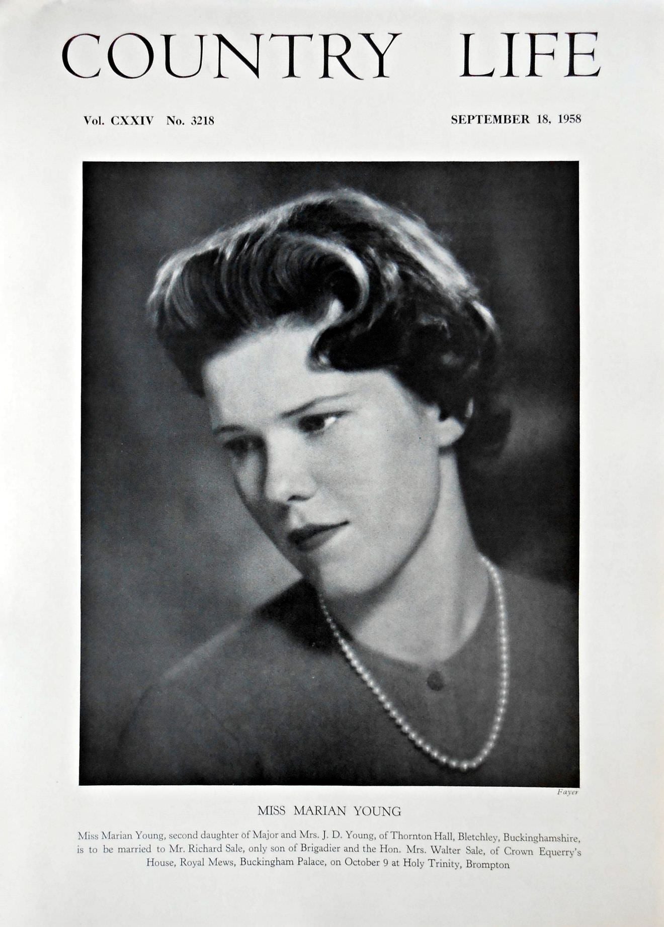 Miss Marian Young Country Life Magazine Portrait September 18, 1958 Vol. CXXIV No. 3218