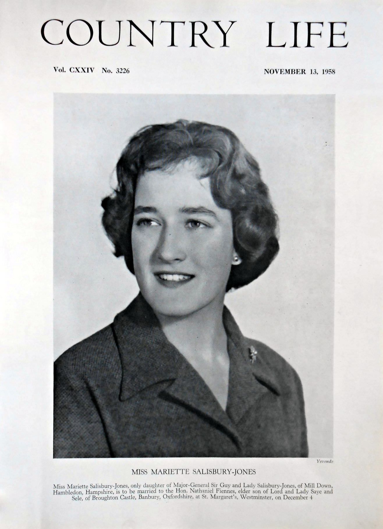 Miss Mariette Salisbury-Jones Country Life Magazine Portrait November 13, 1958 Vol. CXXIV No. 3226