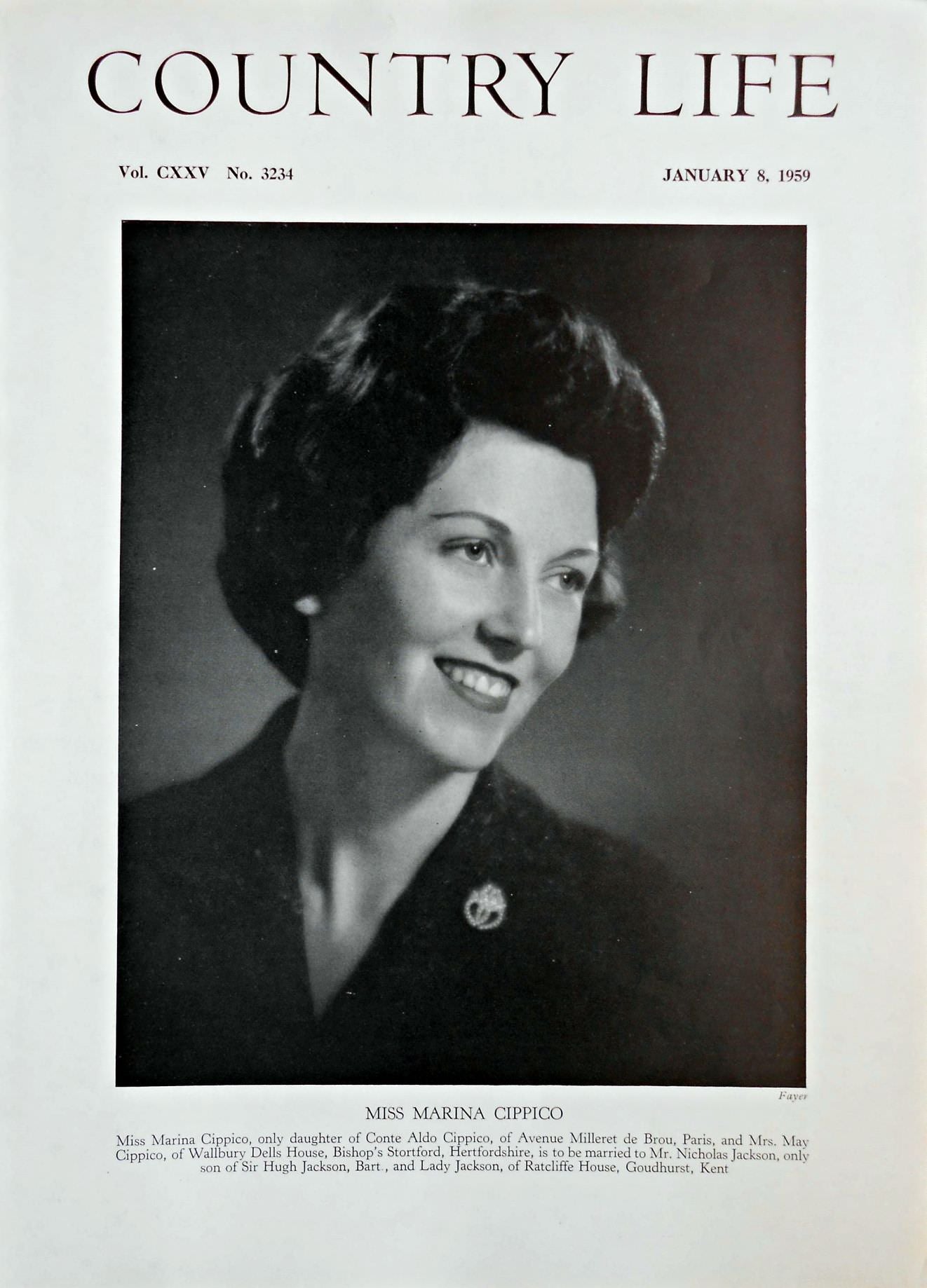 Miss Marina Cippico Country Life Magazine Portrait January 8, 1959 Vol. CXXV No. 3234