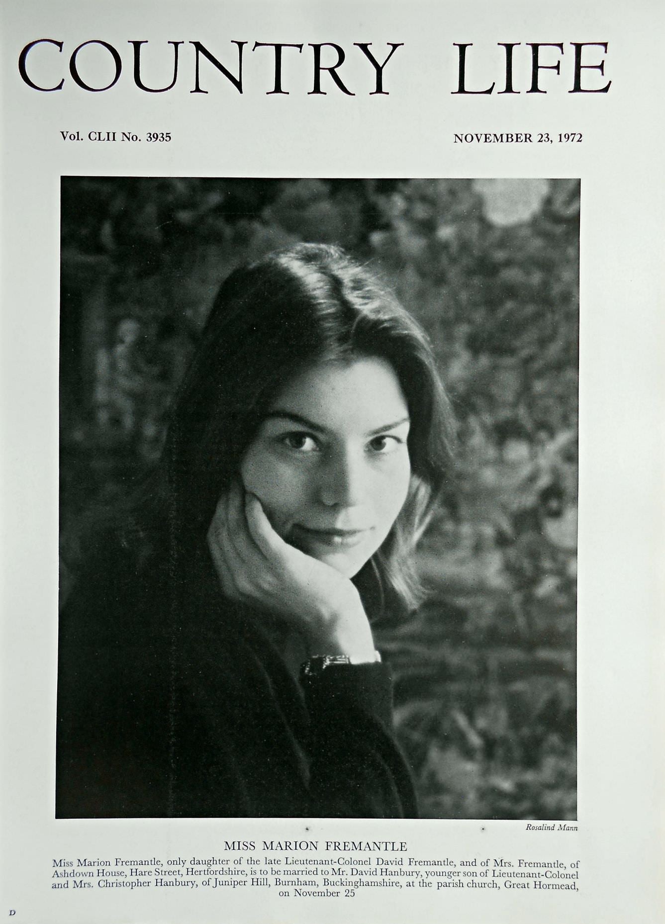 Miss Marion Fremantle Country Life Magazine Portrait November 23, 1972 Vol. CLII No. 3935