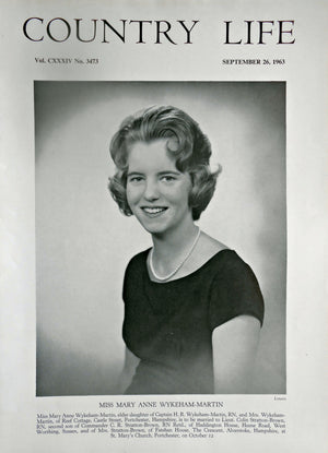 Miss Mary Anne Wykehum-Martin Country Life Magazine Portrait September 26, 1963 Vol. CXXXIV No. 3473