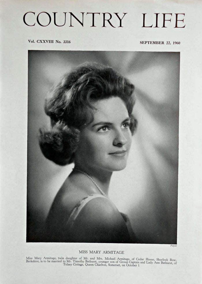 Miss Mary Armitage Country Life Magazine Portrait September 22, 1960 Vol. CXXVIII No. 3316
