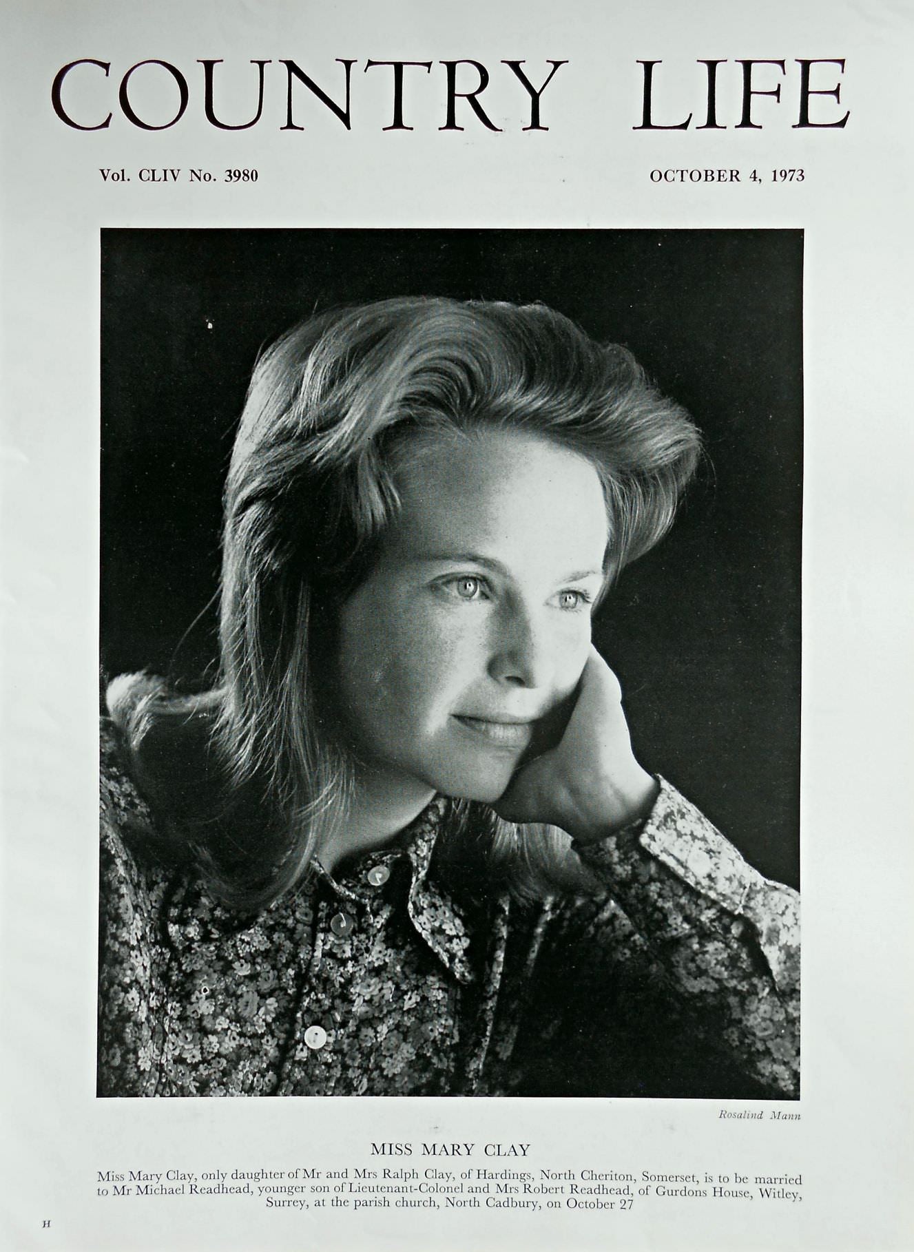 Miss Mary Clay Country Life Magazine Portrait October 4, 1973 Vol. CLIV No. 3980