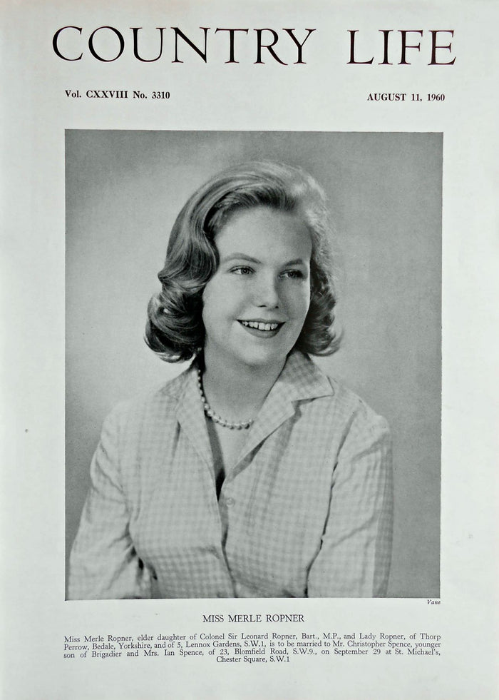 Miss Merle Ropner Country Life Magazine Portrait August 11, 1960 Vol. CXXVIII No. 3310