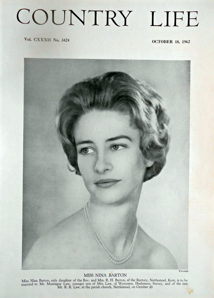 Miss Nina Barton Country Life Magazine Portrait October 18, 1962 Vol. CXXXII No. 3424