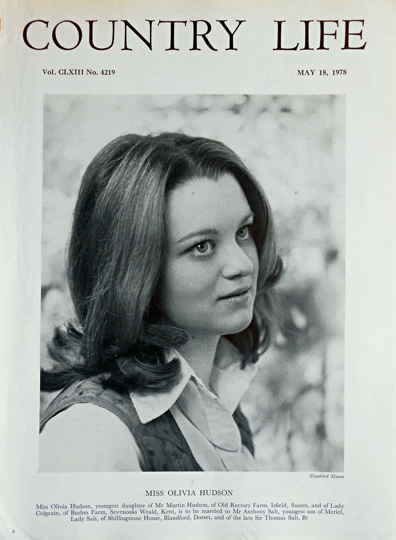 Miss Olivia Hudson Country Life Magazine Portrait May 18, 1978 Vol. CLXIII No. 4219 - Copy