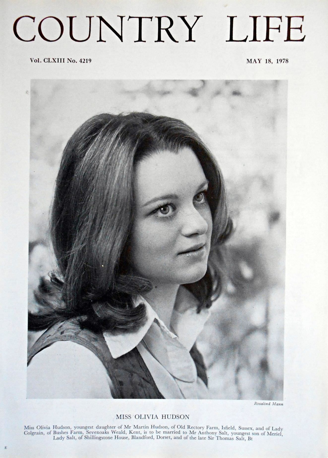 Miss Olivia Hudson Country Life Magazine Portrait May 18, 1978 Vol. CLXIII No. 4219