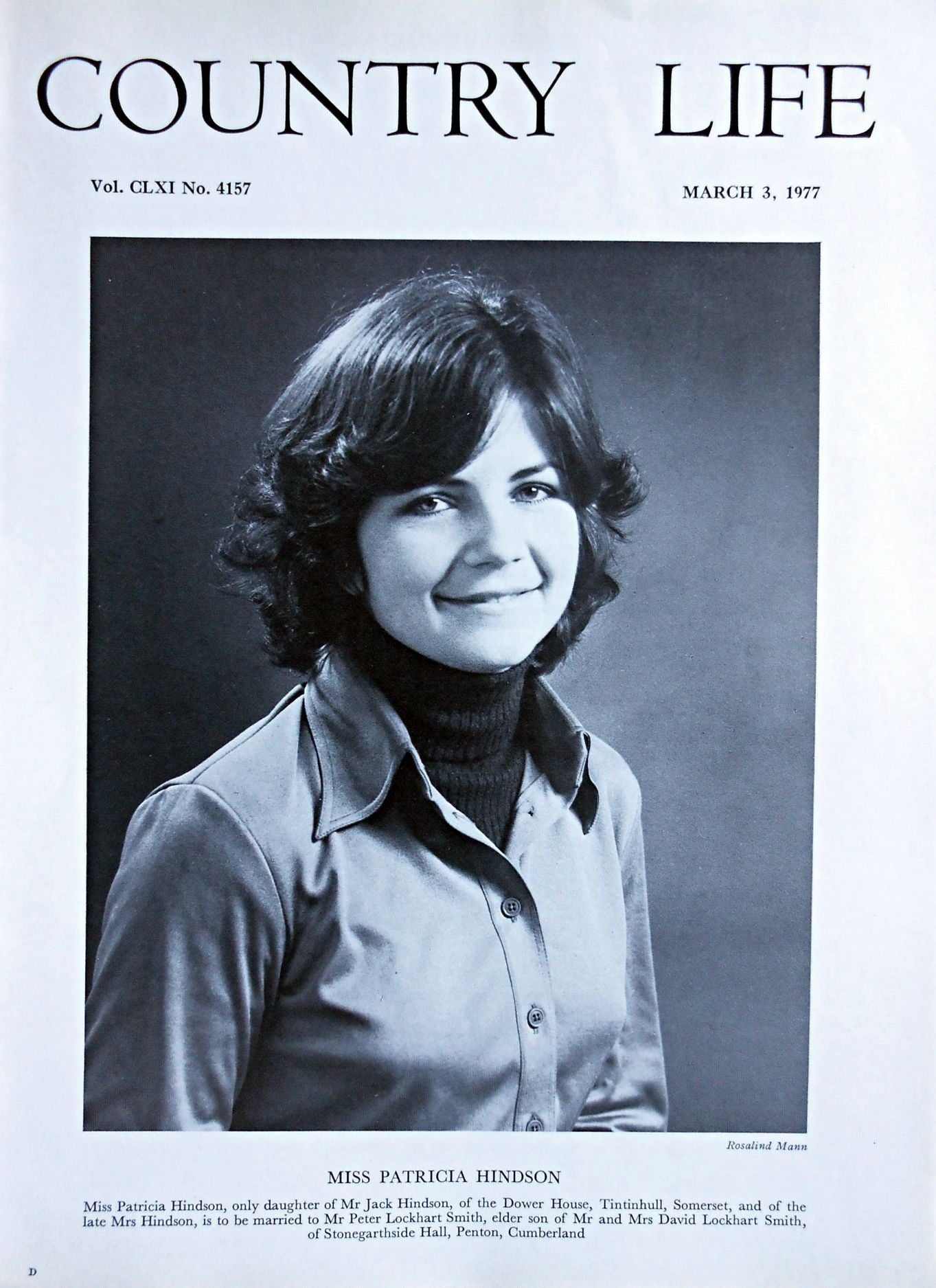 Miss Patricia Hindson Country Life Magazine Portrait March 3, 1977 Vol. CLXI No. 4157