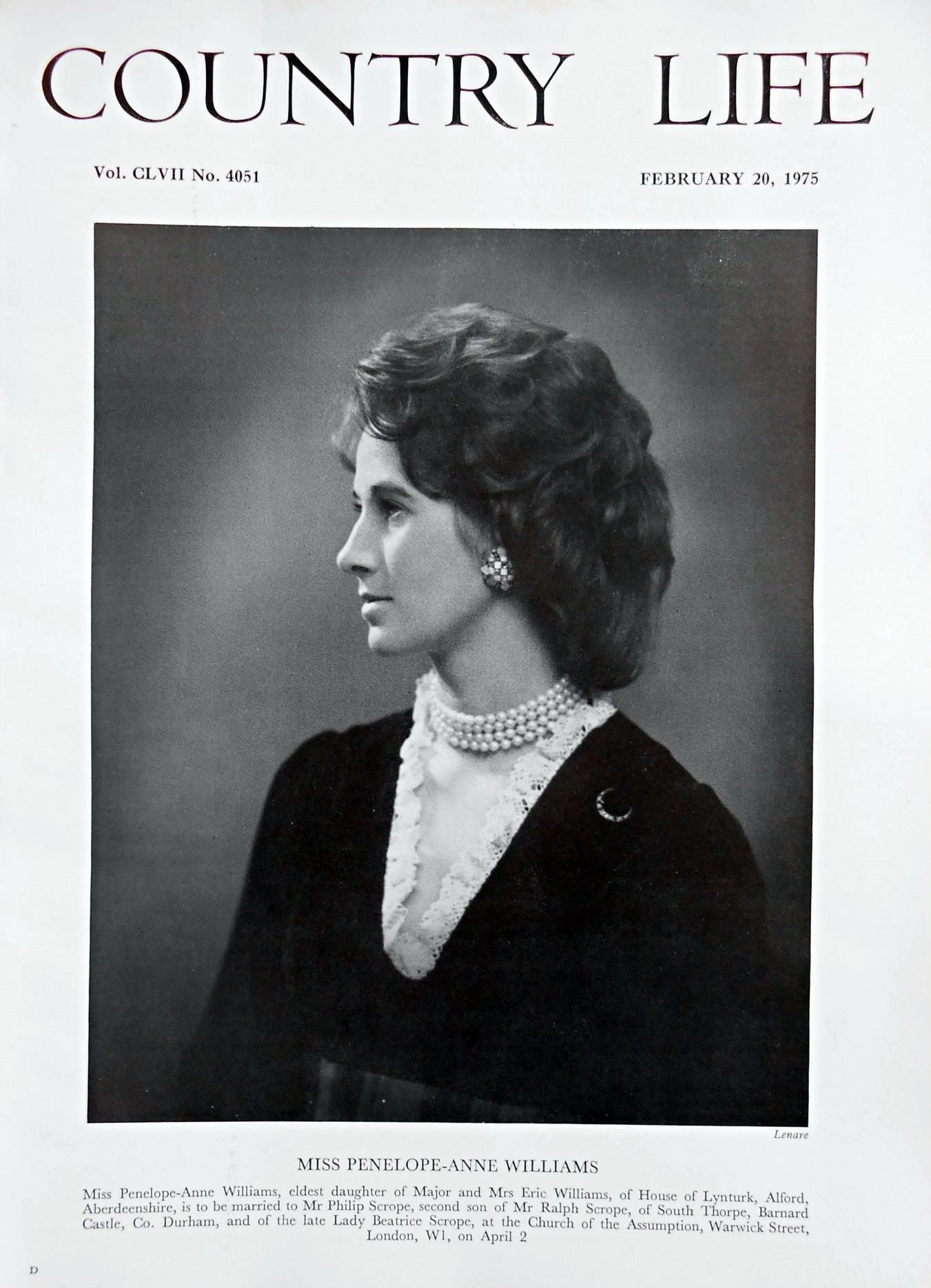 Miss Penelope-Anne Williams Country Life Magazine Portrait February 20, 1975 Vol. CLVII No. 4051