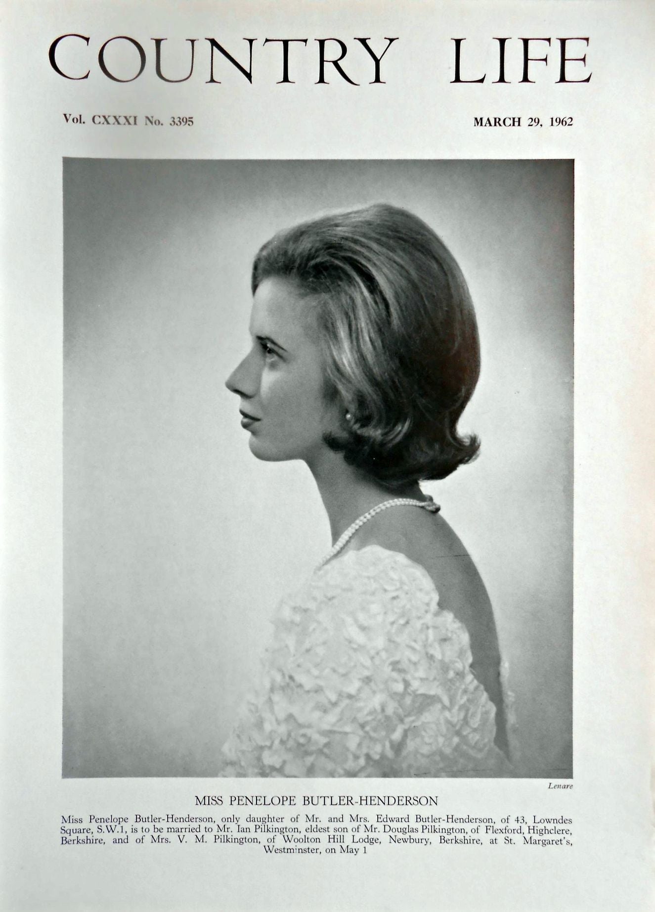Miss Penelope Butler-Henderson Country Life Magazine Portrait March 29, 1962 Vol. CXXXI No. 3395 - Copy