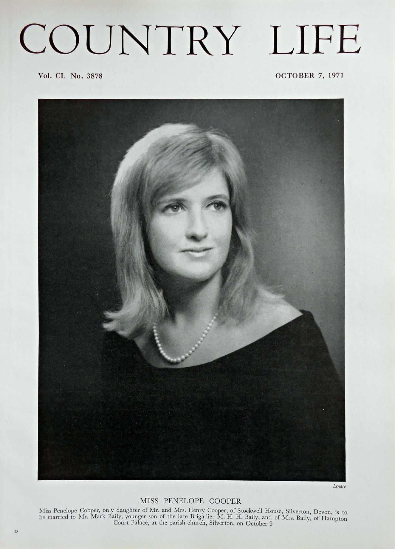 Miss Penelope Cooper Country Life Magazine Portrait October 7, 1971 Vol. CL No. 3878