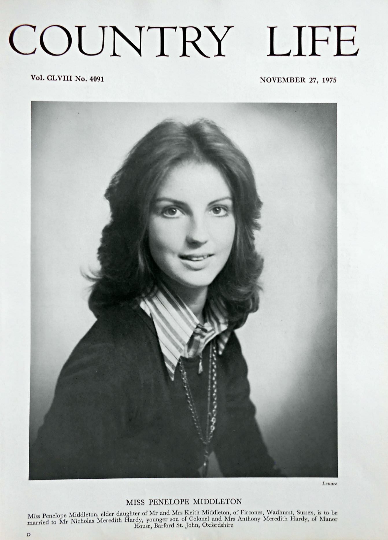Miss Penelope Middleton Country Life Magazine Portrait November 27, 1975 Vol. CLVIII No. 4091