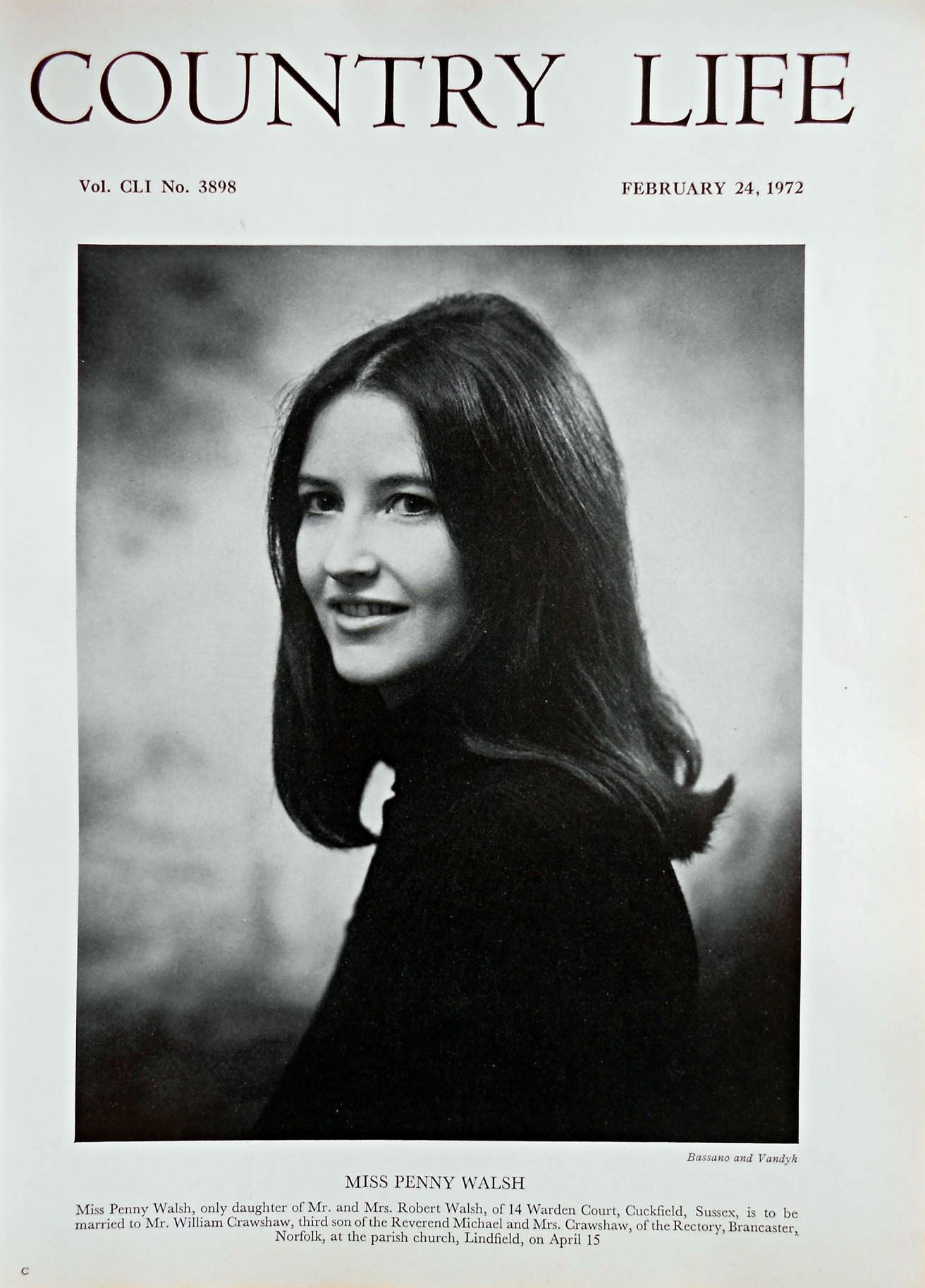 Miss Penny Walsh Country Life Magazine Portrait February 24, 1972 Vol. CLI No. 3898 - Copy